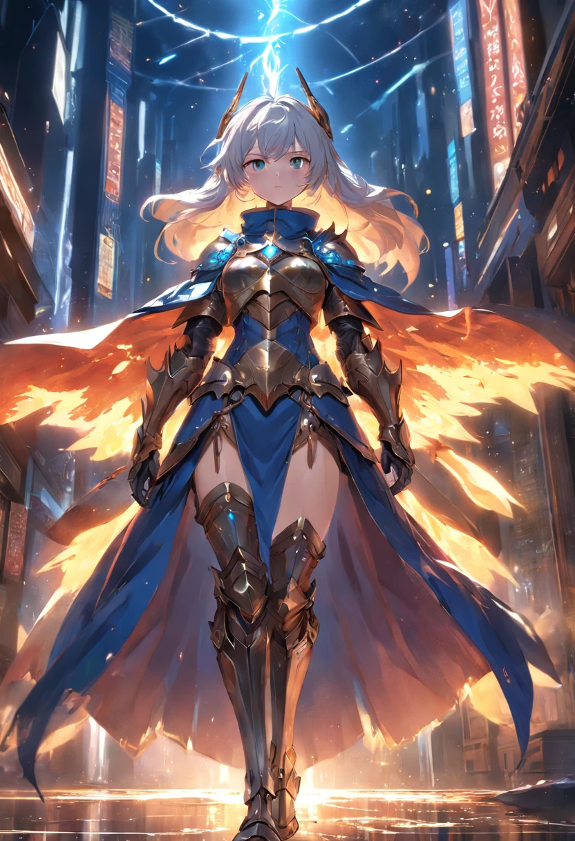 (Extremely detailed CG Unity 16k wallpaper:1.1), (Noise Removal Strength: 1.45), (tmasterpiece:1.37), Ultra-detailed, Knight in armor, metal, Extremely detailed HD wallpapers, fluorescence, Colorful background, cool movement, insanity, Dynamic composition, Exercise, ultra - detailed, Cloak, Incredibly detailed, A lot of detail, amazing fine details and brush strokes, smooth, hd semirealistic anime cg concept art digital painting, volume, An extremely delicate and beautiful, Dynamic Angle, Floating, Painting, Solo, full bodyesbian, 1人, Look up, Cloak, Dark souls, Two arms, Realism, god light, Sparkle, Glowing light, Masterpiece, Best quality, 8K