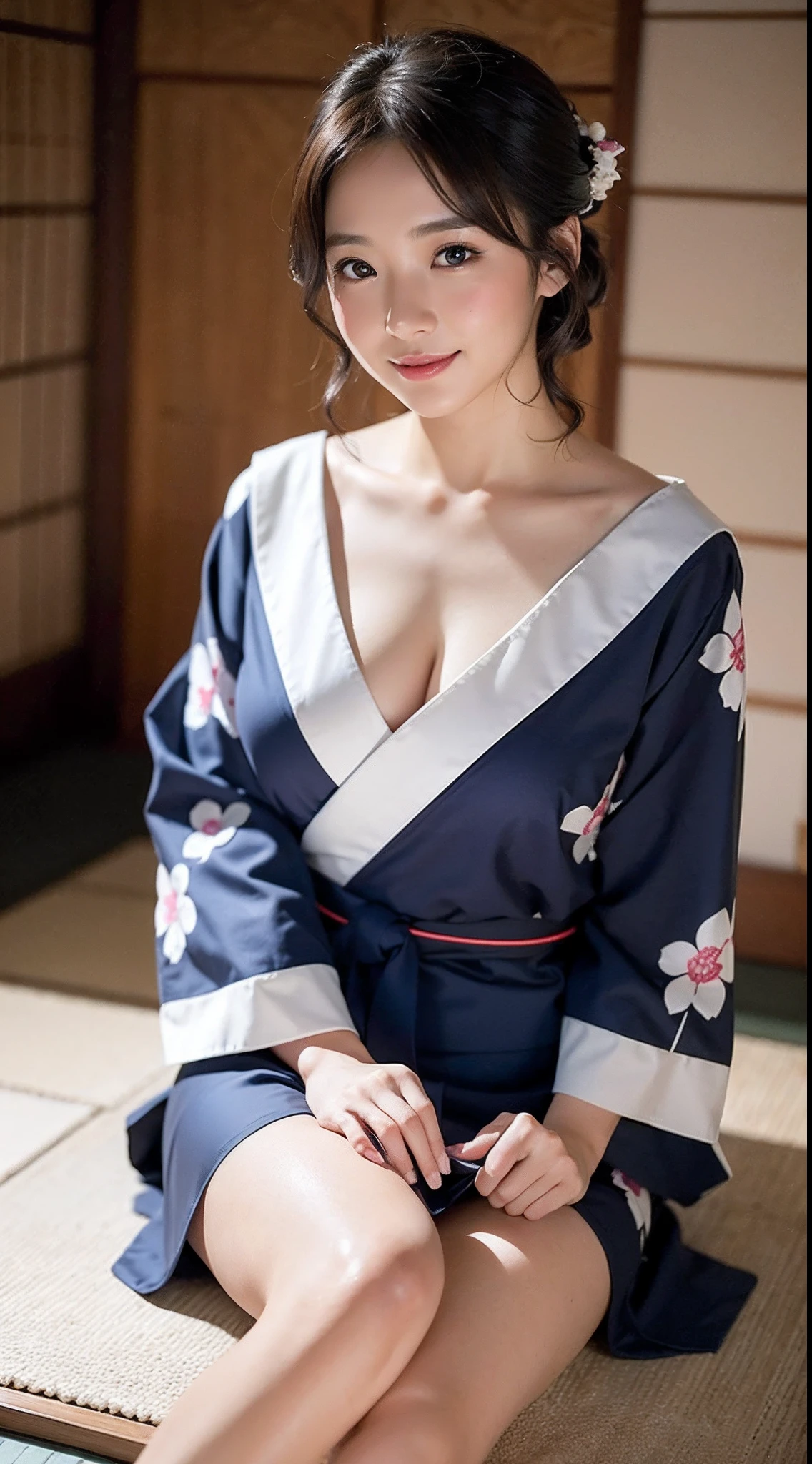 face is :9,3492120809], Naive 33-year-old wife、Sit on the floor、Disturbing the yukata、Height 156 cm, slightly chubby figure、((Japan in a yukata))、Yukata at Japan Ryokan、Shoulder out、鎖骨、Japanese Models, Short Layer Hair、A smile、Smile、japanaese girl, bath robe、Neat and clean Japan woman, goddess of Japan, Innocence、Raw photo, (in 8K、top-quality、​masterpiece:1.2)、(intricate detailes:1.4)、(Photorealsitic:1.4)、octane renderings、Complex 3D rendering ultra detail, Studio Soft Light, Rim Lights, vibrant detail, super detailing, realistic skin textures, Detail Face, Beautiful detail eyes, Very detailed CG Unity 16k wallpaper, make - up, (detailedbackground:1.2),　shinny skin、