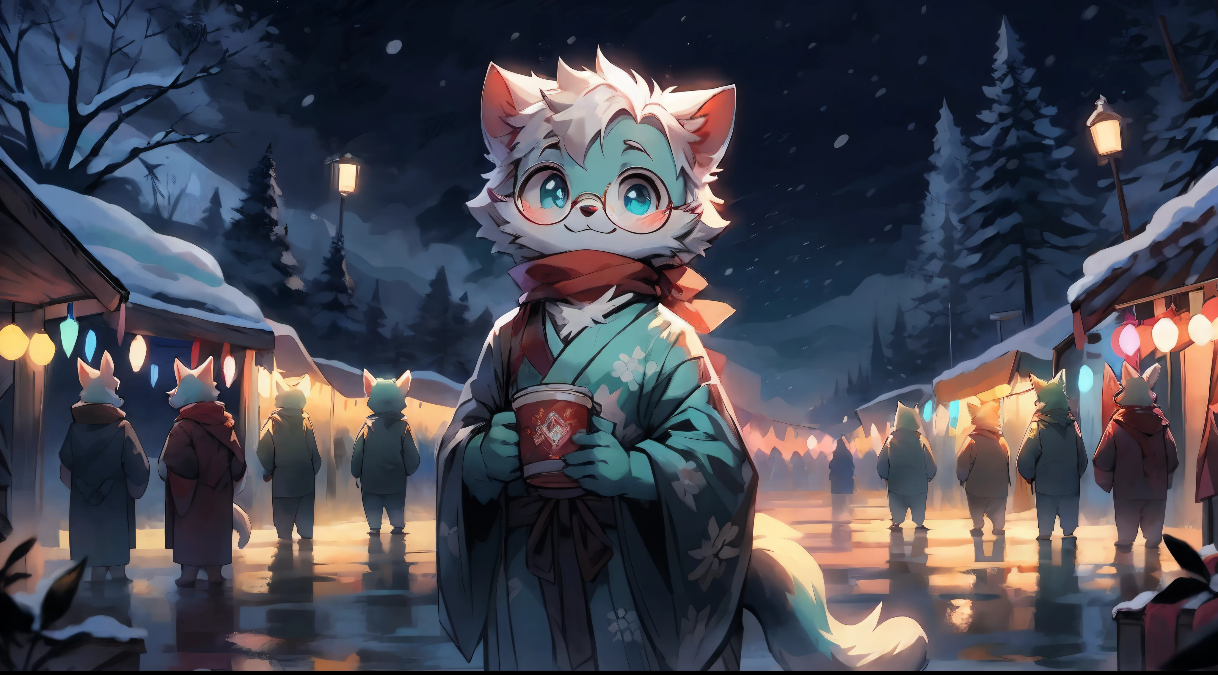 a fully grown and mature and aged adult cat with big circle glasses and a red scarf, the cat is very tall. a handsome cat fursona with teal fur color, the chest has white fur, white fur around mouth and cheeks, white hair, fluffy black cat ears, fluffy white neck, he is standing tall in a snowy place, looking up to the snowy sky with a bright smile. snowy landscape. bushy tail, and perked-up fluffy big ears, one ear is lowered. He wears a fluffy warm and cozy kimono, he is holding a warm cup of cacao in one hand and snacks in his other hand. he is walking through an alley full of vendors during a fireworks festival. His eyes are bright with wonder as he surveys the snowy woods outside the cabin, a lot of snowflakes fall down from the sky. The fully grown and mature and tall adult cat has a relaxed expression, ready to explore the outside world. the cat is tall. big trees covered by snow in the background, there are colorful fireworks in the snowy sky, there are steep and tall mountains in the background covered in snow, there are wooden houses in the background, It is sunset time and the perspective of view is zoomed out, with extremely detailed background