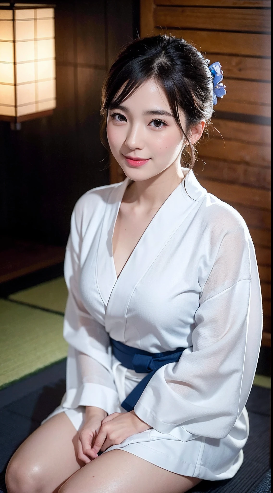 face is :9,3492120809], Naive 33-year-old wife、Sit on the floor、Disturbing the yukata、Height 156 cm, slightly chubby figure、((Japan in a yukata))、Yukata at Japan Ryokan、Shoulder out、鎖骨、Japanese Models, Short Layer Hair、A smile、Smile、japanaese girl, bath robe、Neat and clean Japan woman, goddess of Japan, Innocence、Raw photo, (in 8K、top-quality、​masterpiece:1.2)、(intricate detailes:1.4)、(Photorealsitic:1.4)、octane renderings、Complex 3D rendering ultra detail, Studio Soft Light, Rim Lights, vibrant detail, super detailing, realistic skin textures, Detail Face, Beautiful detail eyes, Very detailed CG Unity 16k wallpaper, make - up, (detailedbackground:1.2),　shinny skin、