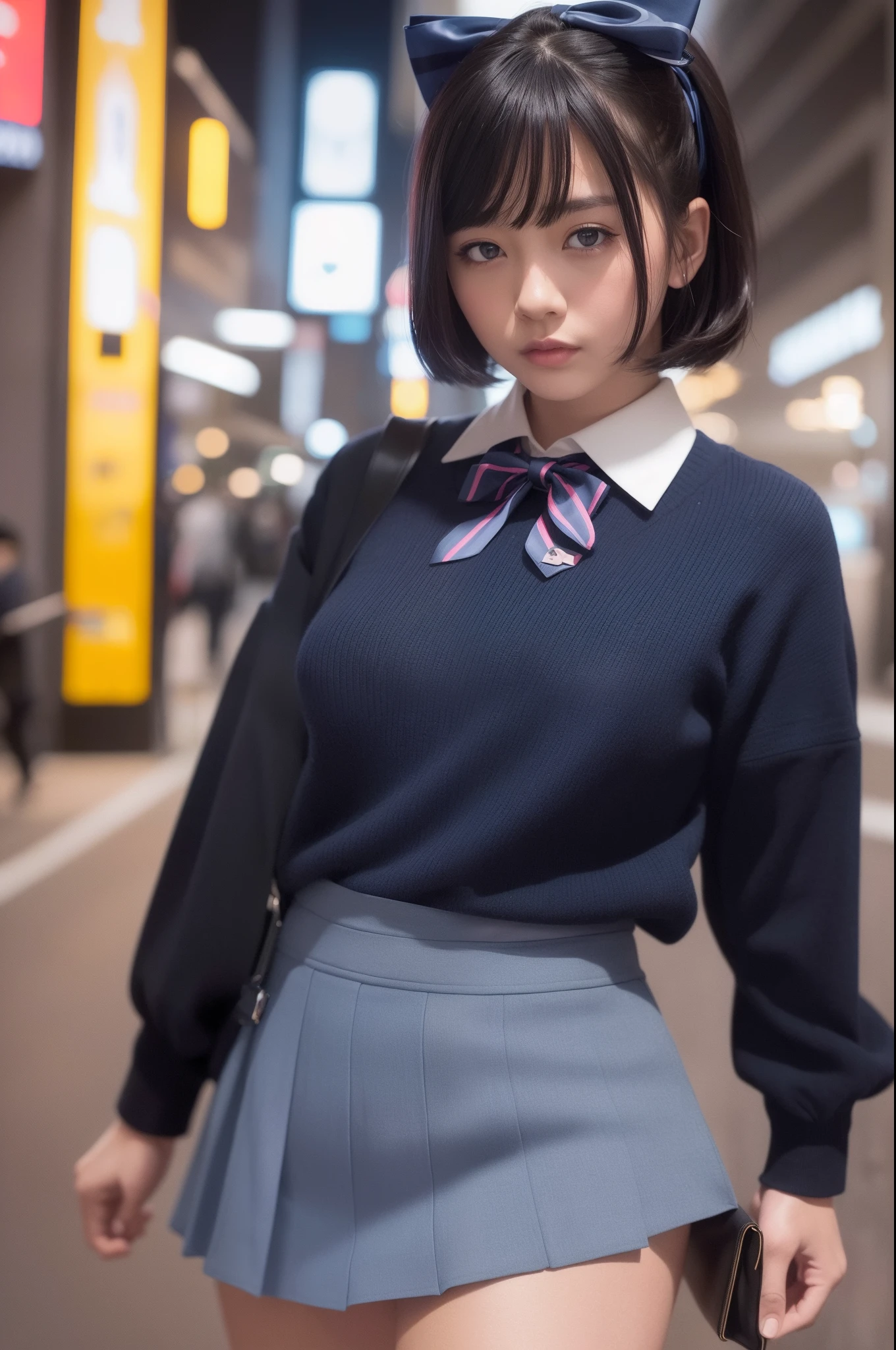 (8k, RAW photo, best quality, masterpiece:1.3),(realistic,photo-realistic:1.37),(night),(looking at viewer:1.331),(black hair),posing,Tokyo street,nightcityscape, cyberpunk city,soft light,1girl,extremely beautiful face,bust,put down hands,Random hairstyle,Random expression,big eyes, ,lower abdomen,(short-sleeved
JK_shirt),JK_style,(dark blue JK_skirt) ,(bow JK_tie),mix4