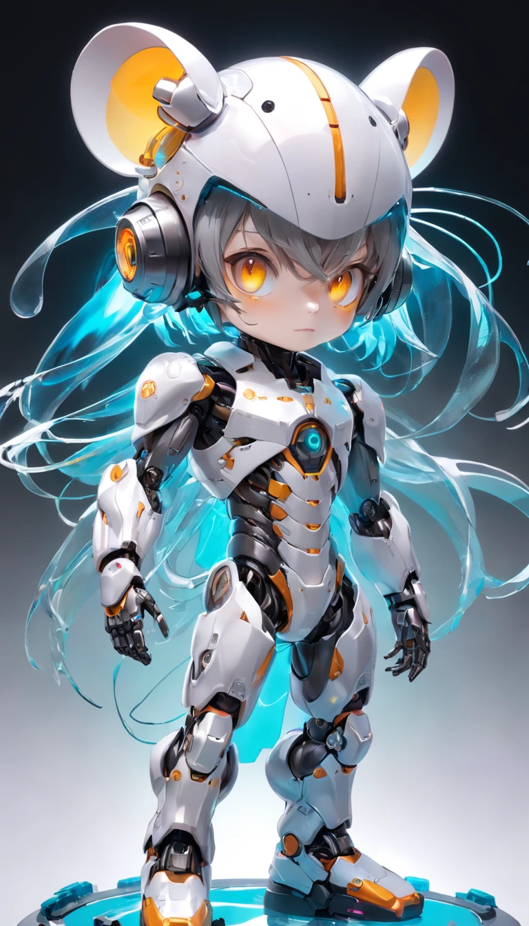 The person in the photo I gave々Using the,Robotic rats, (Blind box toy style:1.2), (Full body shot) , 1 Transparent Boy,Behind him is a transparent and cute robotic mouse, Transparent mech, Exquisite helmet:1.2, Luminous goggles:1.2, Cyberpunk, dreamy glow, bright neon, Clean, White background, ( Global illumination, Ray traching, NFFSW, unreal render,reasonable design, high detal, masutepiece, Best quality, hyper HD, Cinematic lighting)