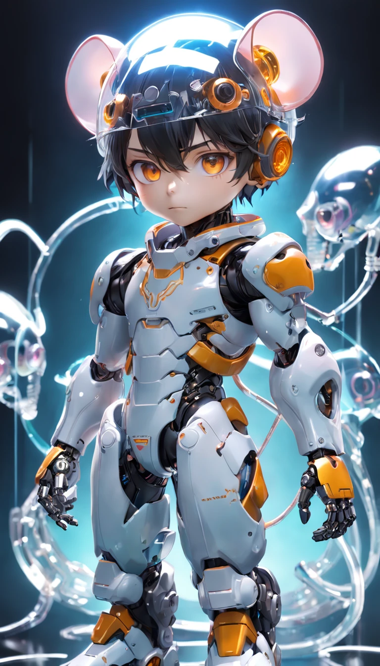 The person in the photo I gave々Using the,Robotic rats, (Blind box toy style:1.2), (Full body shot) , 1 Transparent Boy,Behind him is a transparent and cute robotic mouse, Transparent mech, Exquisite helmet:1.2, Luminous goggles:1.2, Cyberpunk, dreamy glow, bright neon, Clean, White background, ( Global illumination, Ray traching, NFFSW, unreal render,reasonable design, high detal, masutepiece, Best quality, hyper HD, Cinematic lighting)
