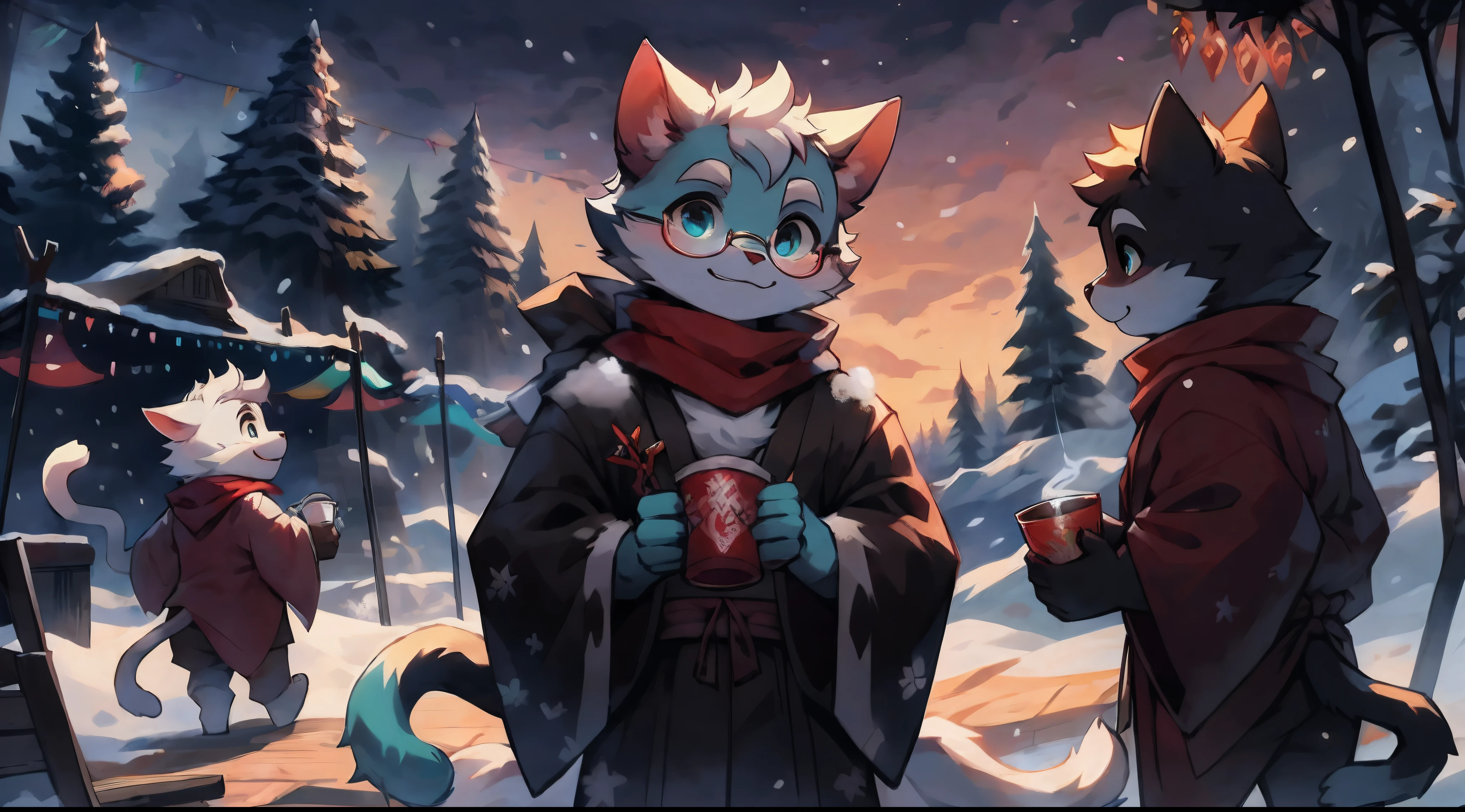 a fully grown and mature and aged adult cat with big circle glasses and a red scarf, the cat is very tall. a handsome cat fursona with teal fur color, the chest has white fur, white fur around mouth and cheeks, white hair, fluffy black cat ears, fluffy white neck, he is standing tall in a snowy place, looking up to the snowy sky with a bright smile. snowy landscape. bushy tail, and perked-up fluffy big ears, one ear is lowered. He wears a fluffy warm and cozy kimono, he is holding a warm cup of cacao in one hand and snacks in his other hand. he is walking through an alley full of vendors during a fireworks festival. His eyes are bright with wonder as he surveys the snowy woods outside the cabin, a lot of snowflakes fall down from the sky. The fully grown and mature and tall adult cat has a relaxed expression, ready to explore the outside world. the cat is tall. big trees covered by snow in the background, there are colorful fireworks in the snowy sky, there are steep and tall mountains in the background covered in snow, there are wooden houses in the background, It is sunset time and the perspective of view is zoomed out, with extremely detailed background