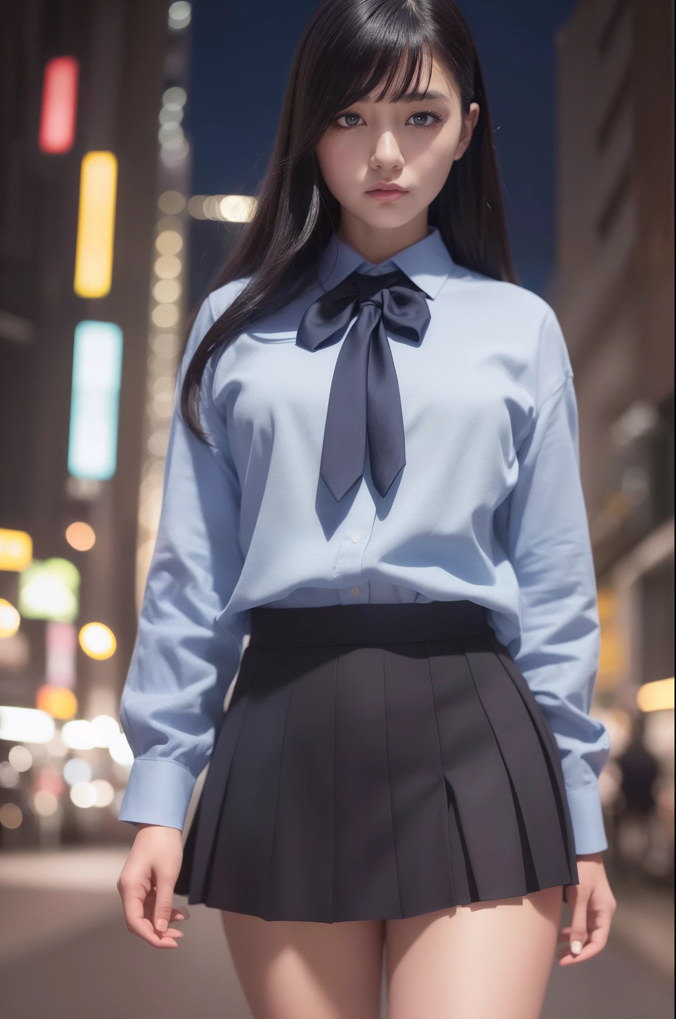 (8k, RAW photo, best quality, masterpiece:1.3),(realistic,photo-realistic:1.37),(night),(looking at viewer:1.331),(black hair),posing,Tokyo street,nightcityscape, cyberpunk city,soft light,1girl,extremely beautiful face,bust,put down hands,Random hairstyle,Random expression,big eyes, ,lower abdomen,(short-sleeved
JK_shirt),JK_style,(dark blue JK_skirt) ,(bow JK_tie),mix4