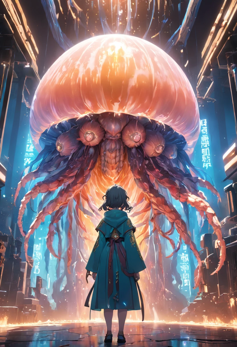 (Extremely detailed CG Unity 16k wallpaper:1.1), (Noise Removal Strength: 1.45), (tmasterpiece:1.37), A spirit man who half-turned into a jellyfish, Unreal Engine 5, Color grading, Hyper-detailed, beautifully color-coded, insanely details, Intricate details, beautifully color-graded, illusory engine, editorial photography, photoshoot, Shot on 70mm lense, degrees of freedom, 32K, Hyper-Resolution, Cinematic, Portrait photography, Ultra-wide angle, Depth of field, Depth of field, god light, Sparkle, Glowing light