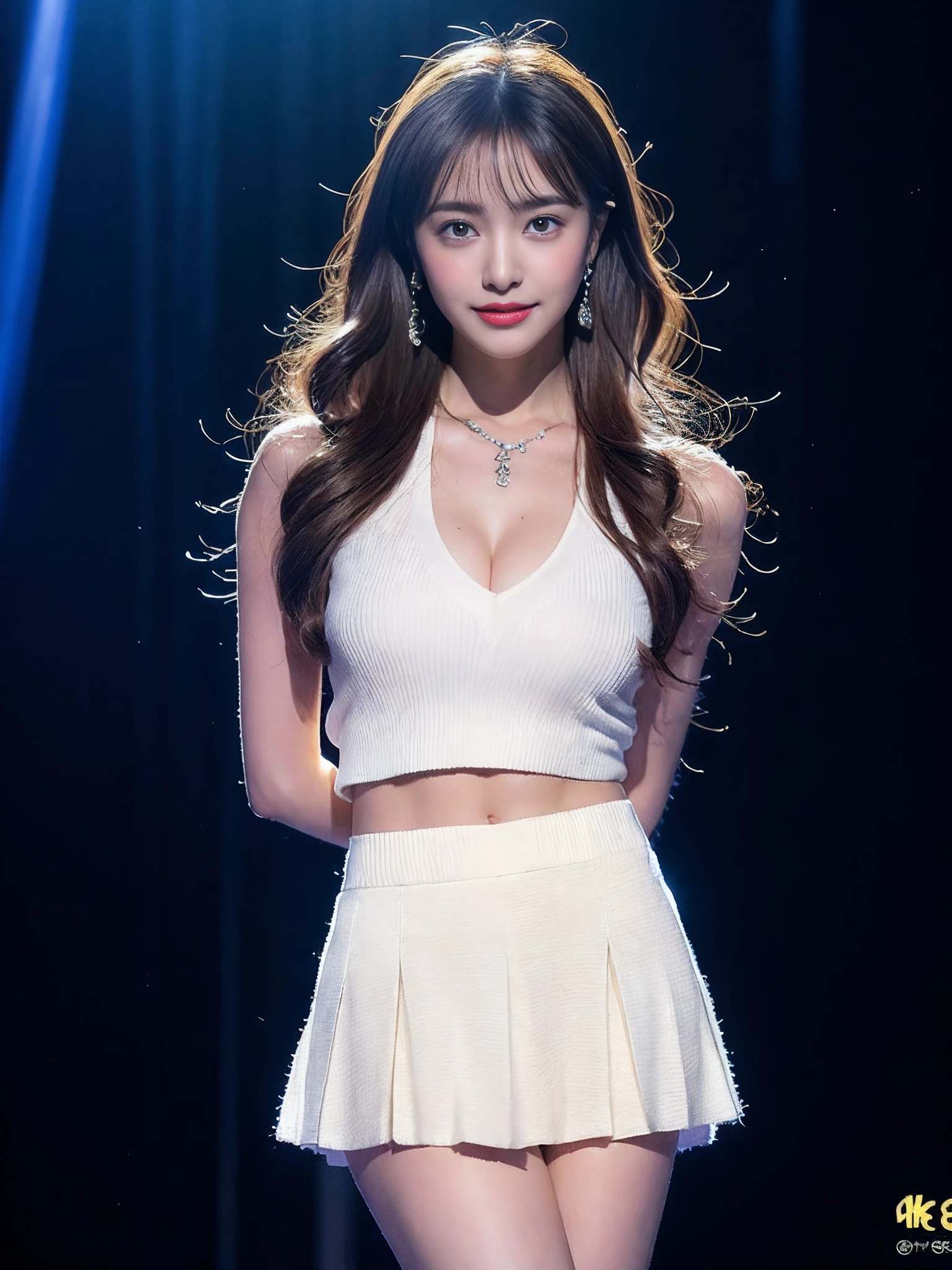 8K、Top image quality、超A high resolution、masterpiece、realisitic、Photorealsitic、highly contrast、photon maping、real picture、ultra-detailliert、low angles:1.3、1 girl in、独奏:1.5、full body Esbian、Venue Stage、Pop Star in K、K-de-pop idols、Dress like a pop in K、A sexy、Fancy makeup、blazers:1.2、a short skirt:1.4、Blouse、Raw feet、high-heels、(100 degree leg opening:1.5、М字開脚)、(Open crotch:1.5)、Brown hair long hair、See-through wet white panties:1.5、((Panties visible from under the skirt:1.3))、Long body、Height is 170 cm、Long feet:1.2、Smaller chest、Beautiful expression:1.2、Detailed female pubic shape is clearly visible:1.3、Have pubic hair:1.3、witheout panties:1.3、Textured skin