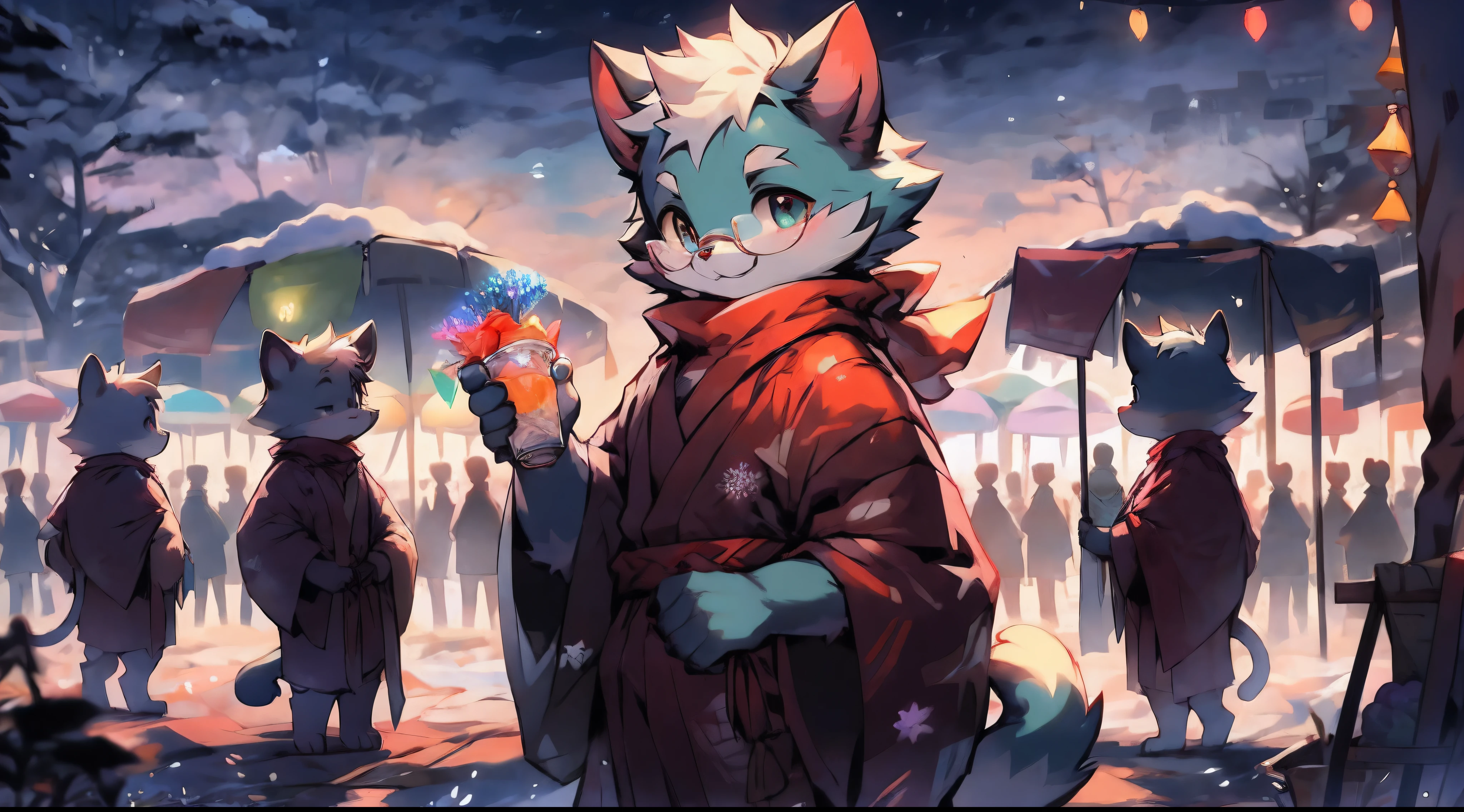 a fully grown and mature and aged adult cat with big circle glasses and a red scarf, the cat is very tall. a handsome cat fursona with teal fur color, the chest has white fur, white fur around mouth and cheeks, white hair, fluffy black cat ears, fluffy white neck, he is standing tall in a snowy place, looking up to the snowy sky with a bright smile. snowy landscape. bushy tail, and perked-up fluffy big ears, one ear is lowered. He wears a fluffy warm and cozy kimono, he is holding a warm cup of cacao in one hand and snacks in his other hand. he is walking through an alley full of vendors during a fireworks festival. His eyes are bright with wonder as he surveys the snowy woods outside the cabin, a lot of snowflakes fall down from the sky. The fully grown and mature and tall adult cat has a relaxed expression, ready to explore the outside world. the cat is tall. big trees covered by snow in the background, there are colorful fireworks in the snowy sky, there are steep and tall mountains in the background covered in snow, there are wooden houses in the background, It is sunset time and the perspective of view is zoomed out, with extremely detailed background