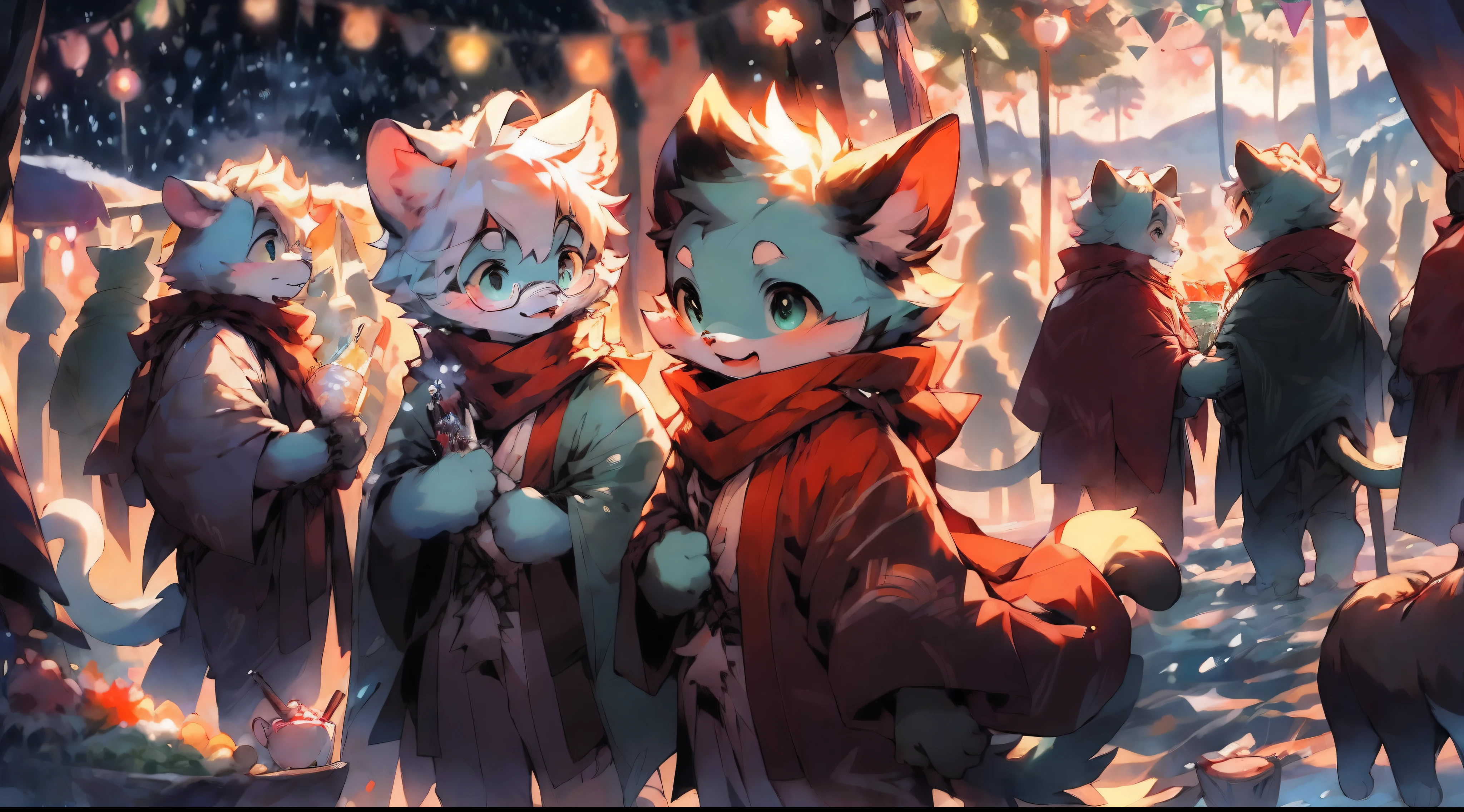 a fully grown and mature and aged adult cat with big circle glasses and a red scarf, the cat is very tall. a handsome cat fursona with teal fur color, the chest has white fur, white fur around mouth and cheeks, white hair, fluffy black cat ears, fluffy white neck, he is standing tall in a snowy place, looking up to the snowy sky with a bright smile. snowy landscape. bushy tail, and perked-up fluffy big ears, one ear is lowered. He wears a fluffy warm and cozy kimono, he is holding a warm cup of cacao in one hand and snacks in his other hand. he is walking through an alley full of vendors during a fireworks festival. His eyes are bright with wonder as he surveys the snowy woods outside the cabin, a lot of snowflakes fall down from the sky. The fully grown and mature and tall adult cat has a relaxed expression, ready to explore the outside world. the cat is tall. big trees covered by snow in the background, there are colorful fireworks in the snowy sky, there are steep and tall mountains in the background covered in snow, there are wooden houses in the background, It is sunset time and the perspective of view is zoomed out, with extremely detailed background