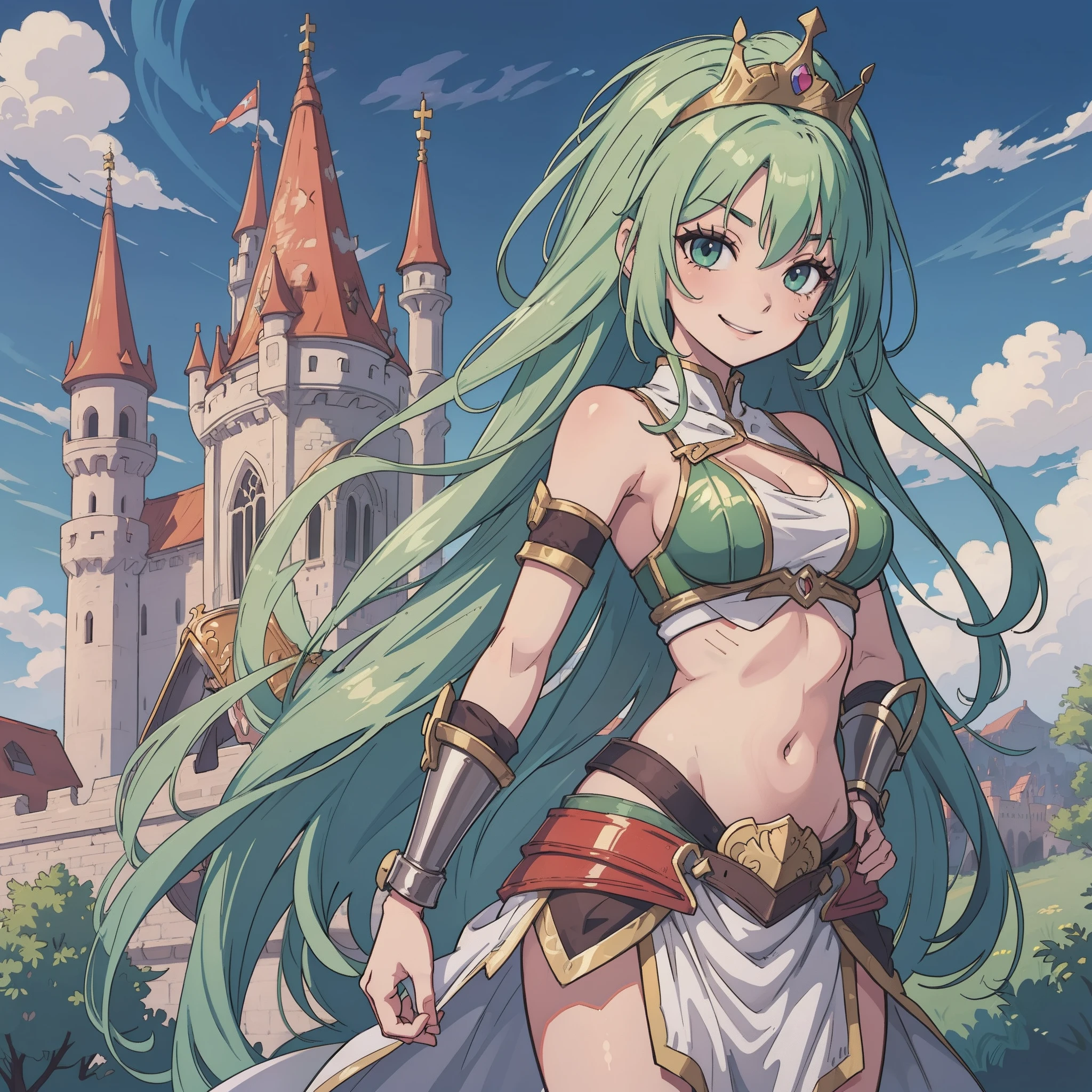 anime girl, green hair, warrior princess, full body shot, castle, sexy, large breasts, smiling, skinny, crop top, armor, crown