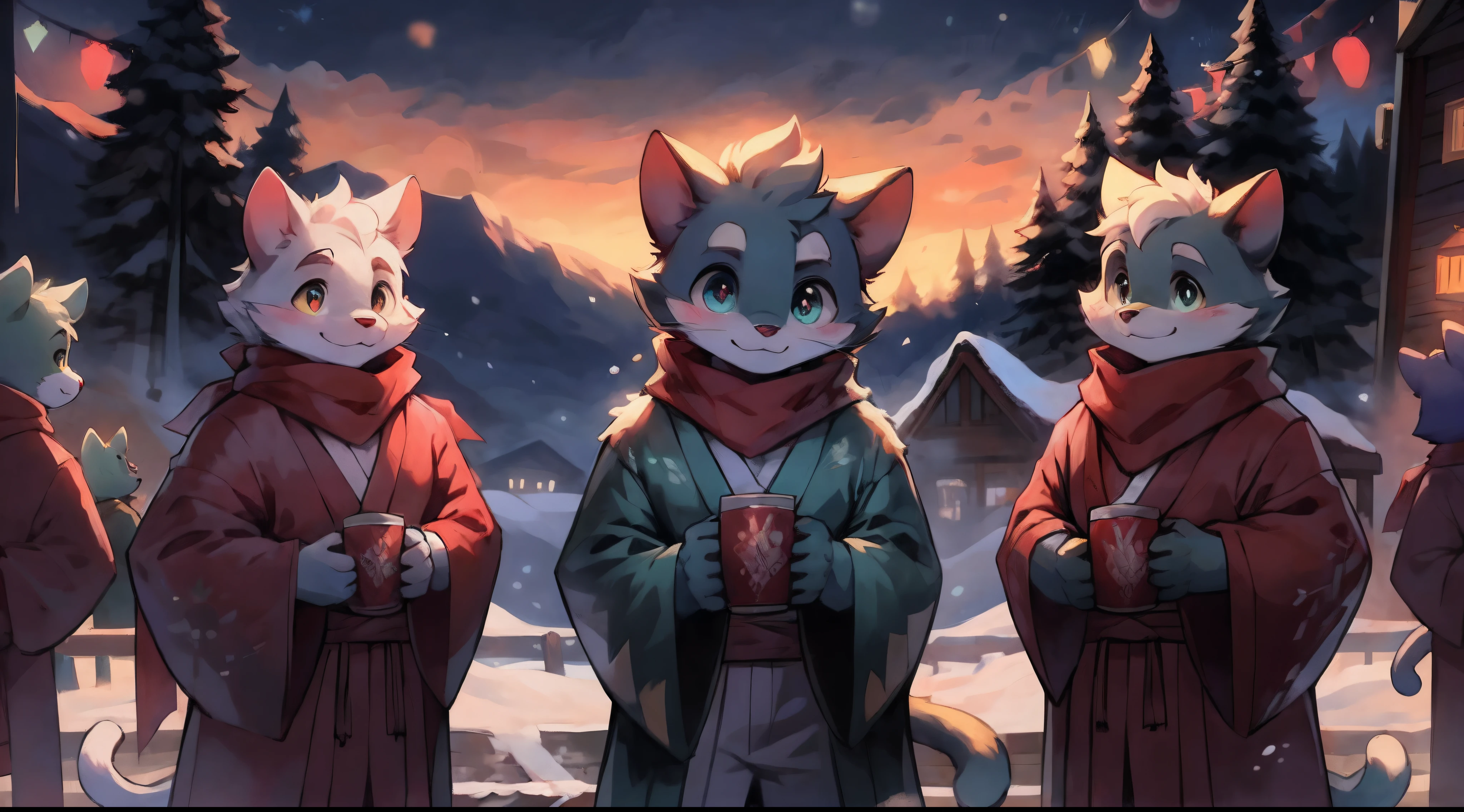 a fully grown and mature and aged adult cat with big circle glasses and a red scarf, the cat is very tall. a handsome cat fursona with teal fur color, the chest has white fur, white fur around mouth and cheeks, white hair, fluffy black cat ears, fluffy white neck, he is standing tall in a snowy place, looking up to the snowy sky with a bright smile. snowy landscape. bushy tail, and perked-up fluffy big ears, one ear is lowered. He wears a fluffy warm and cozy kimono, he is holding a warm cup of cacao in one hand and snacks in his other hand. he is walking through an alley full of vendors during a fireworks festival. His eyes are bright with wonder as he surveys the snowy woods outside the cabin, a lot of snowflakes fall down from the sky. The fully grown and mature and tall adult cat has a relaxed expression, ready to explore the outside world. the cat is tall. big trees covered by snow in the background, there are colorful fireworks in the snowy sky, there are steep and tall mountains in the background covered in snow, there are wooden houses in the background, It is sunset time and the perspective of view is zoomed out, with extremely detailed background