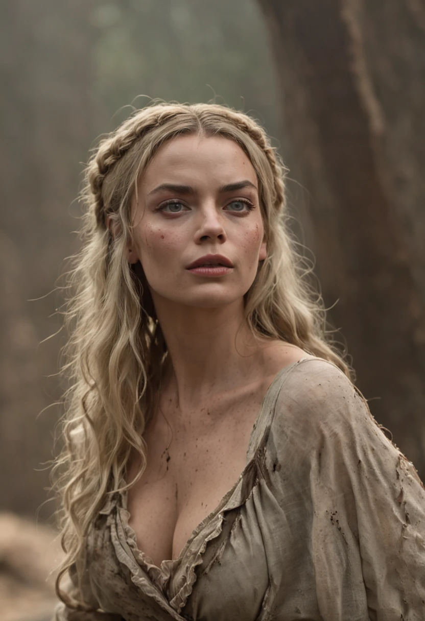 (Full body) Middle aged homely Margot Robbie;. Drina is draped in tattered and rotted clothing that seems to meld seamlessly with her surroundings. Her hair is long and tangled. Her eyes, however, gleam with a disturbing intelligence. (Frank Frazetta) (masterpiece)