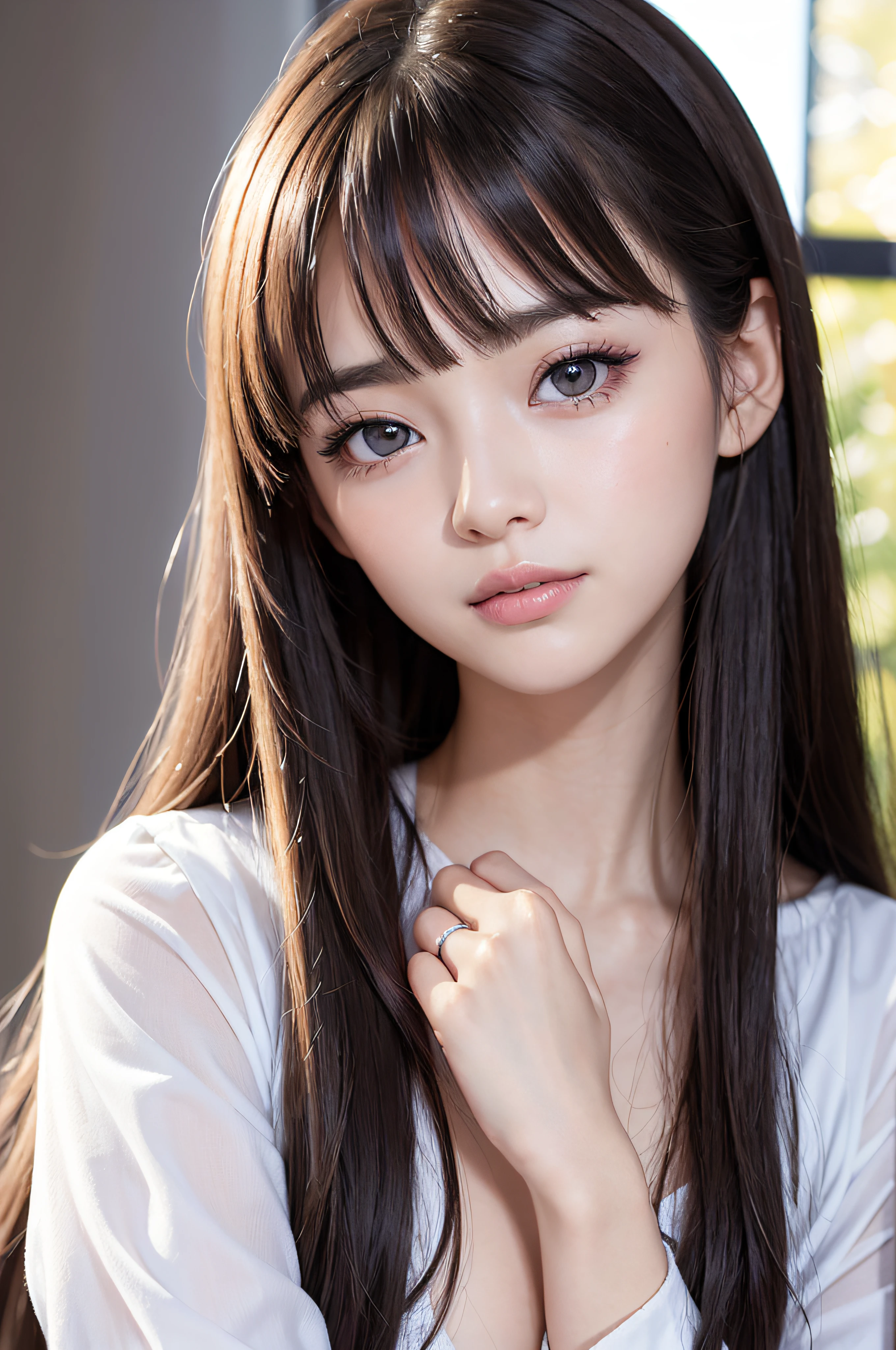 bright expression、photorealisim、top-quality、超A high resolution、a picture、Photo of beautiful Nordic born girl、Extraordinary beautiful girl、Detailed cute and beautiful face、(pureerosface)、Beautiful bangs、alice in the wonderland、、Glowing white shiny skin、Bangs that extend to the face、Light brown super long straight hair、finer hair、Attractive glowing beautiful bright clear brown big eyes、eye liner、Double eyelids、small tits、fashionGirl、Beautie、cute little、a smile。Beautiful young woman model。Wears a white shirt。Close-up portrait。Healthy face。Skin Care Cosmetics。Bright pink background。profetional lighting、lighting on the face、