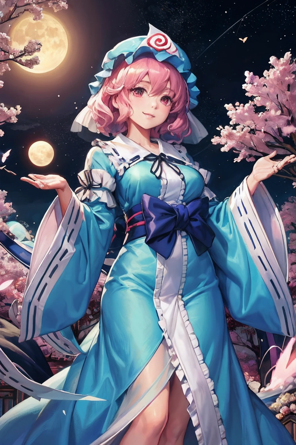 (masutepiece, of the highest quality, Best Quality, Official art, Beautiful and aesthetic:1.2), ighly detailed, Colorful,highest details,Illustrations, fantastical scenes,
1girl in, Solo, Saigyouji Yuyuko, butterfly, bug, Moon, hat, fullmoon, Pink hair, Triangular headpiece, Night, Pink eyes, Short hair, tree, komono, sash, skyporn, Wide sleeves, Smile, Dress, bow ribbon, tabi, Obi, Long sleeves, nigh sky, cherry blossom