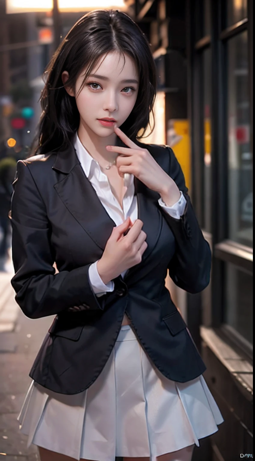 A woman of about 40 poses in front of an office window,, shot from above, White skin, Shiny complexion, wearing a blazer,black lence stockings, Lace lingerie big breasts. high-heels, Hair is clean and tidy. Her face is delicate, Show beautiful eyes, Lips, and perfect fingers. The woman has a completely anatomically correct body. She stood in a luxurious office,There are some greenery,A watch,.Wear rings and glasses Wear pantyhose、 Girl in shirt,, Business clothes, wearing black suits, Wear a shirt and skirt, Woman in a suit, Business attire, business outfit, RAW photo, (8K、top-quality、tmasterpiece:1.2)、(intricately details:1.4)、(Photorealsitic:1.4)、octane renderings、Complex 3D Rendering Ultra Detail, Studio soft light, rim lights, vibrant detail, super detailing, realistic skin textures, Detal Face, Beautiful detail eyes, very detailed