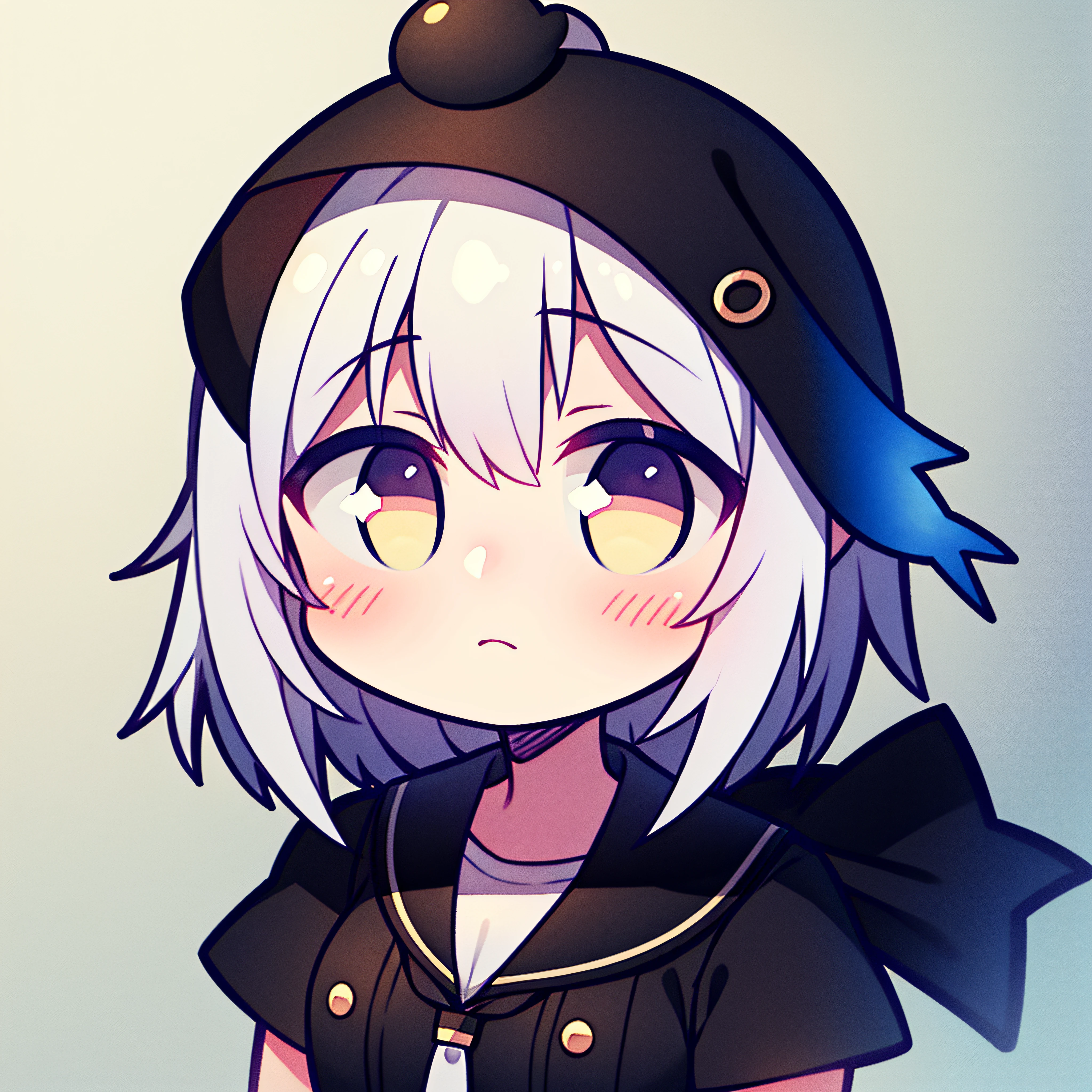 fish on the head, solo, 1 girl, looking at viewer, upright, concept art, white background, simple background, white hair, gradient hair, short sleeves, watercolor pencil, expressionless, blush, virtual youtuber