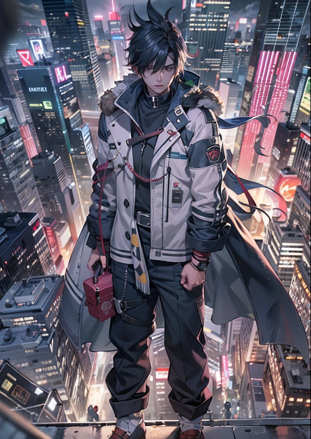 1boy,13 only、knifes、FULL BODYSHOT、The beginning of the adventure、Very dark sky、Lots of clouds,heavy fog、starrysky、Big Moon,Chaotic city of the future、dystopian、Big airship、A group of very tall skyscrapers stands in the center、High-brightness radio tower、Crowded skyscrapers、street signs、streetlights、taxis、buses、Train、Pretty dim lighting、Dark road、puddles、Chaotic、Beautiful and fantastic scenery、hightquality、masutepiece,in 8K、hight resolution、
