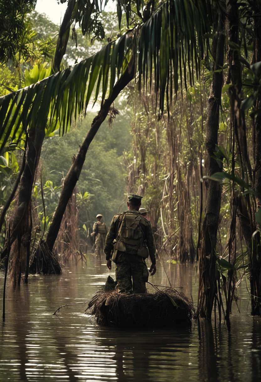 English soldiers in the swamps Ramree Island in Burma