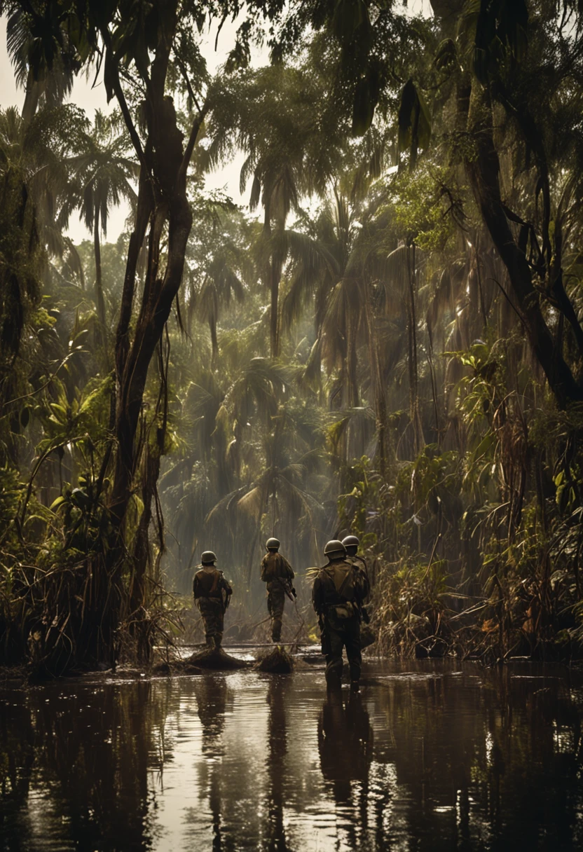 English soldiers in the swamps Ramree Island in Burma