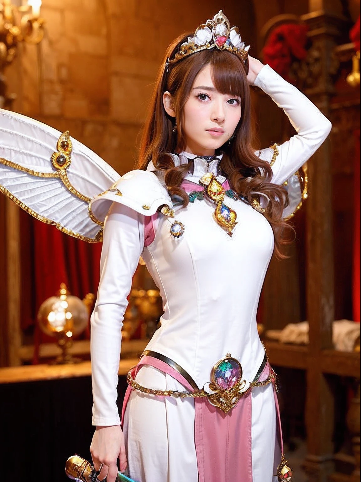 (masutepiece), Professional , ​masterpiece、top-quality、photos realistic , depth of fields （Gemstone Silver Metal Body:1.９),(Matt W White Pink、Jewel Gold Weapon、（Gorgeous castle background）、（ultimate beauty girl）、（Rainbow fairy wings grow）、Particles of light、（Metal body of iridescent gemstones:1.９),Gorgeous Jewel Metal Weapons , Detailed Sword of the Brave ,（ a blond）   ,warhammer 40k , adepta sororitas,Detail and ornate jewel crown、独奏、Brown hair、Mystical expression、（Gangle's forest background）、Beautiful Caucasian beauty、１a person、dynamic ungle,(((Diamond tiara with detail and luxury)))、a small face、Powerful poses、（Gorgeous castle background）、huge filesize、20 year old beautiful woman、Stand in the center of the screen、Thin female fingers、Straight long hair、Beautiful Caucasian beauty、（maikurobikini）、Hair fluttering in the wind、face forwards、Look at viewers、（Armpit）、Armpit、