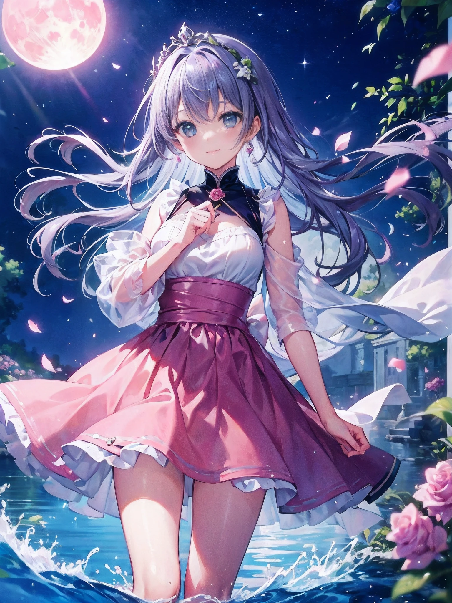 (((masterpiece)))、(((top-quality)))、((ultra-detailliert))、(illustratio)、((extremely delicate and beautiful))、、Bright smile、floating、Light purple hair、(Detailed light) (1girl in)、Spread legs、(((I can see panties.)))、、独奏、The long-haired、The wind is blowing、A WORLD、(cute eye:1.5)、Pink moon、Pink sky、Soft pink clouds、Pink ocean waves sparkle、glinting、Pink roses of the sea of pink、Fantasia、Diamonds、diadems、kosmos、Soft light、