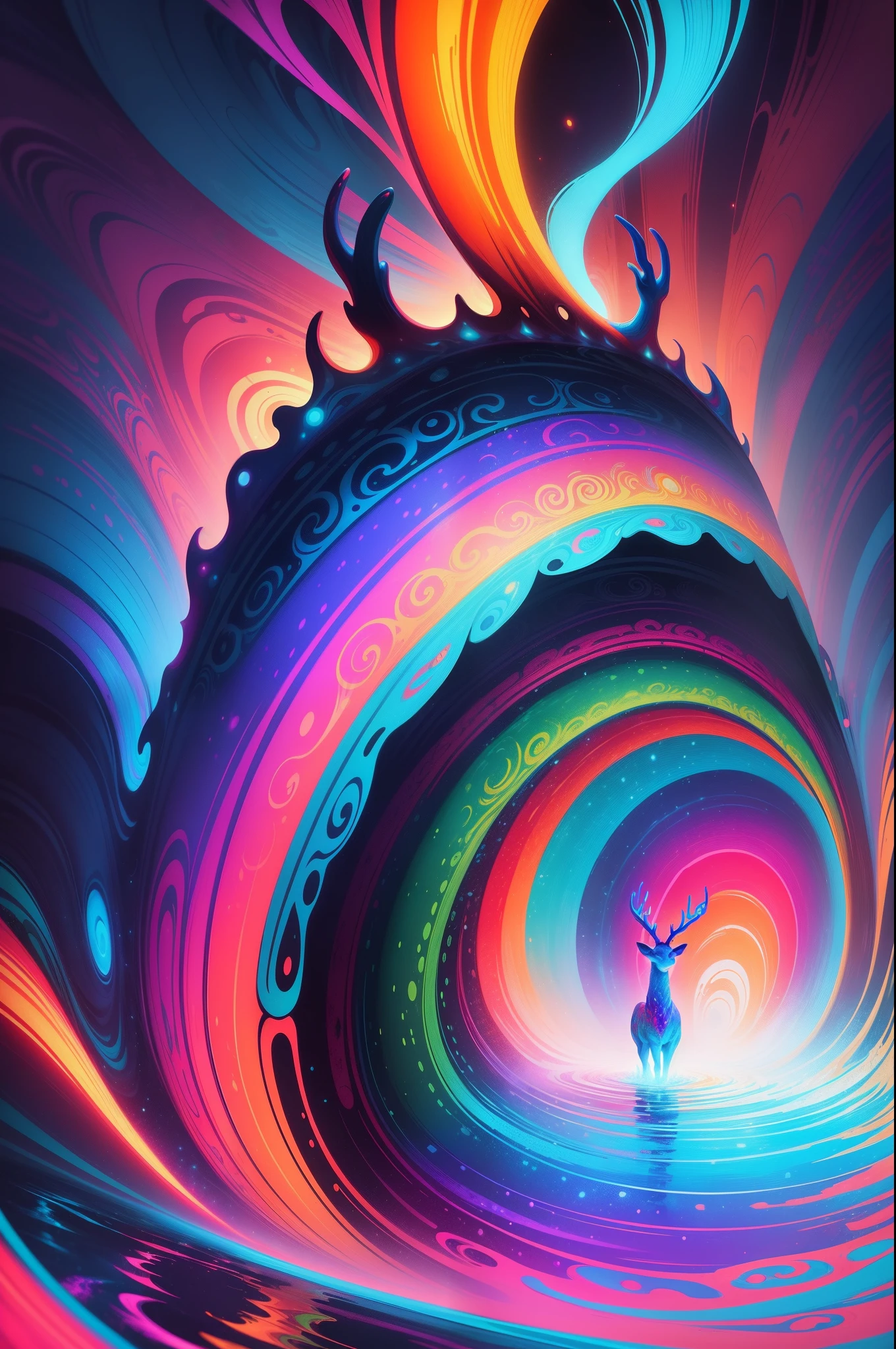 (Psychedelic painting of deer standing in front of colorful whirlpools), ((Multi-sewn large antlers, stag, Big head)), Light and shadow, Waves, Multi-layered, foreground, Distant view, fractal thunder dan mumford, Dan Mount Ford and Alex Gray style, psychedelic surreal art, surreal psychedelic design, Fantasy art style, Illusion psychedelic art, Infinite psychedelic waves, Inspired by Cyril Rolando, True corrugated structure, Psychedelic art style, trippy art, psychedelic illustrations，Bio-luminescence, vibrant, Colourful, Color, (Glowing, Glow), (Beautiful composition), Cinematic lighting, Intricate, (Symmetrical:0.5), Whimsical,