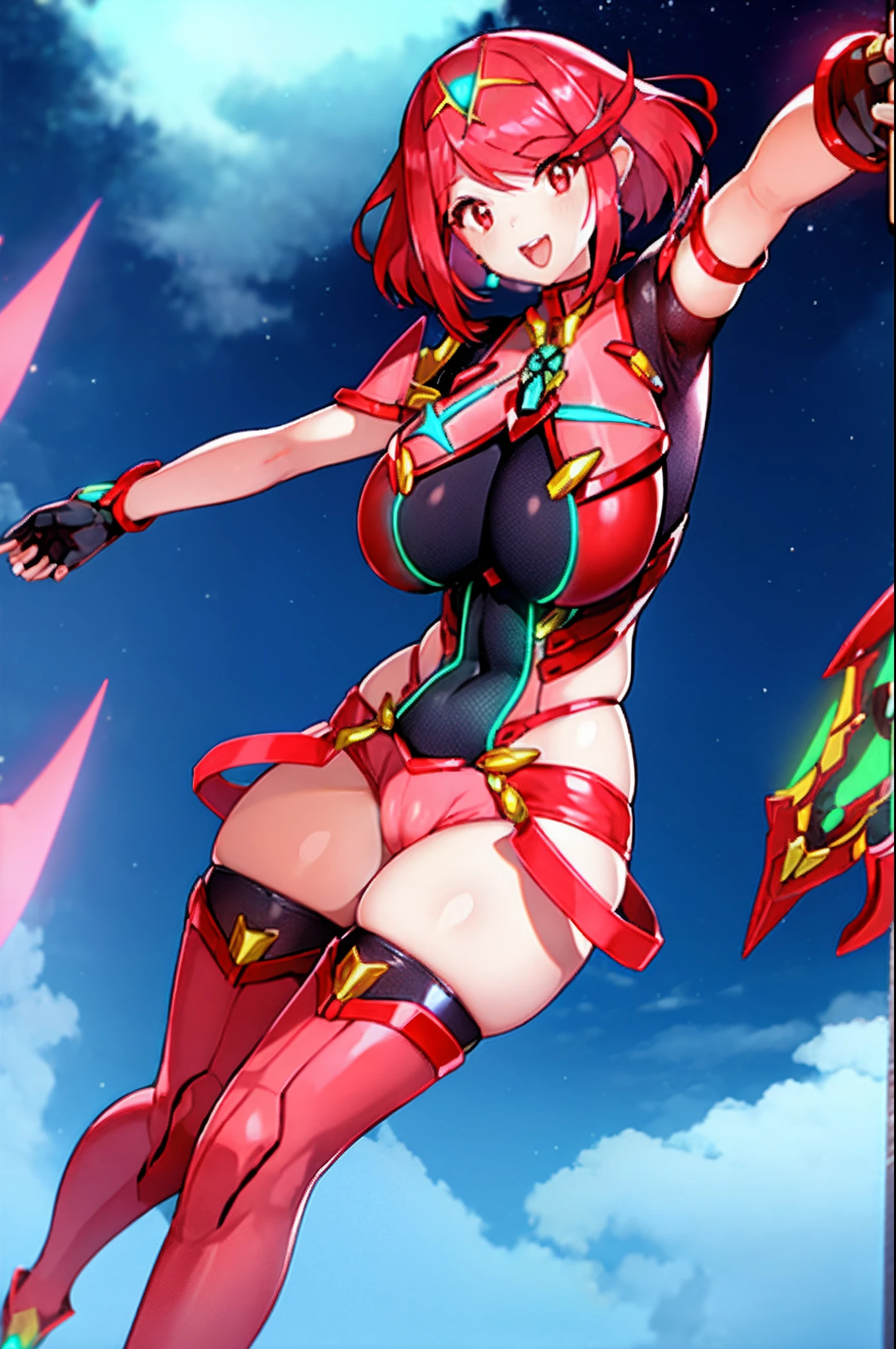 pyra \(xenoblade\), _1girl, loliarmor, bangs, black gloves, breasts, red eyes, light_open_mouth, earrings, eyelashes, fingerless gloves, floating hair, framed breasts, gem, gloves, hair ornament, headpiece, jewelry, big_breasts, leaning back, leotard, neon trim, official art, pose, red hair, red shorts, saitou masatsugu, short hair, short shorts, short sleeves, shorts, sidelocks, skin tight, solo, swept bangs, thighhighs, tiara, fantasy_town_background, turtleneck, underbust, vambraces, xenoblade chronicles \(series\), (xenoblade chronicles 2), (spread_legs:1.1), fire_effect,dynamic_pose,fighting,light_smile, (plump:1.4), big_ass,huge_sword, hold_large_sword_hilt, covered_nipples, (covered_pussy:1.2),cameltoe,back_view, fists,ponytail,plump,beautiful_fingers,(solo:1.1),selfie