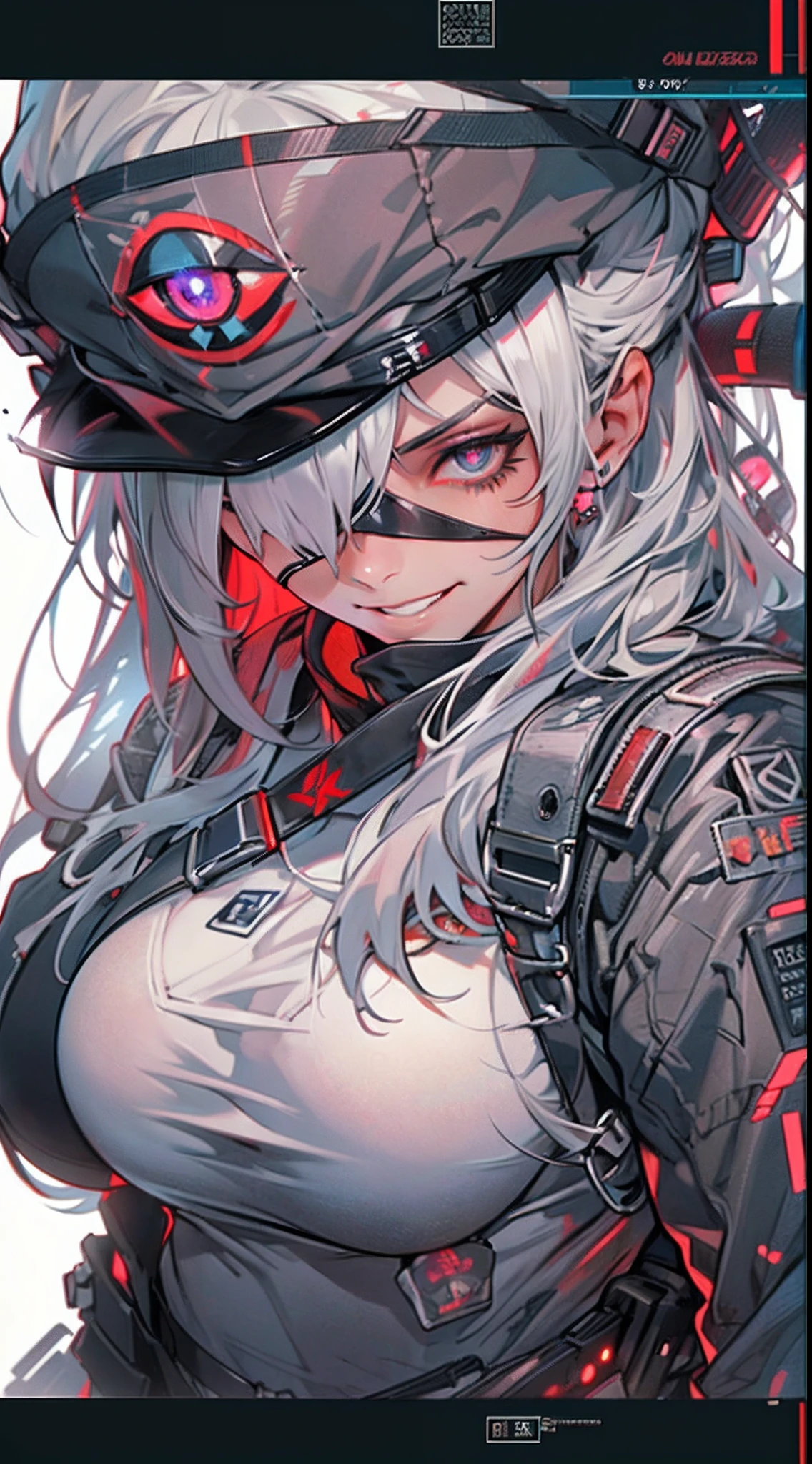 (1 beautiful woman)、(Very huge muscles:1.5)、(Unusually large muscles)、(Red cyberpunk military uniform all over the body:1.3)、(Red aura emanating from clothes:1.5)、(Military equipment:1.2)、(White hair)、(an eye patch:1.3)、(30-years old)、(confident grin:1.2)、(Dark hair)、(Top image quality)、(8K picture quality)、(masutepiece)、(Full body photo:1.3)、cinematric light, Cinema Shadow, Sharp Image, Extremely detailed,、beautiful effects, Muted colors, Highly detailed image textures, detailed hairs, Detailed face, Detailed eyes, Full body photo、Highly detailed image textures, detailed hairs, Detailed eyes、