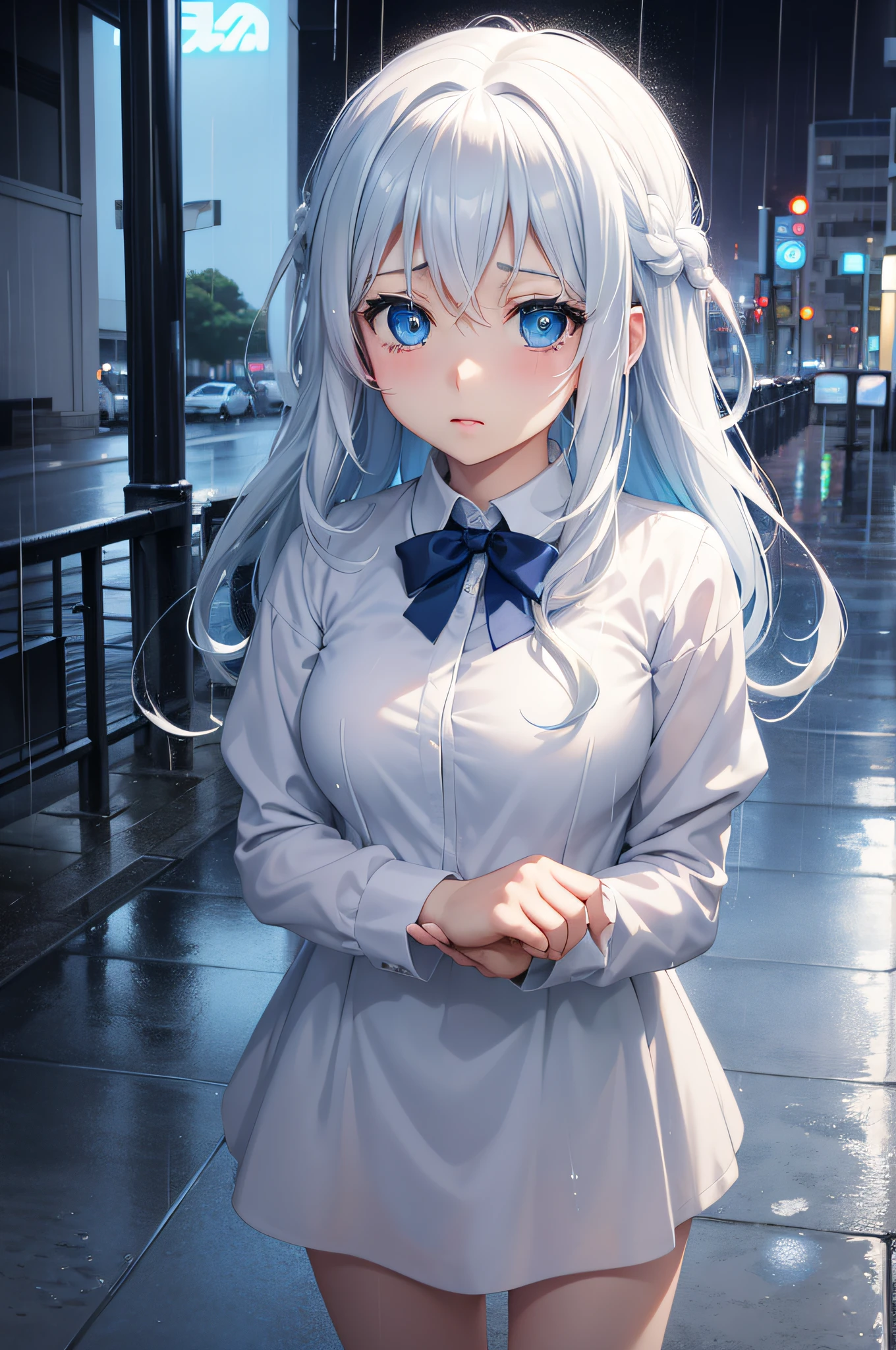 Blue-eyed girl standing in the rain, Anime visuals of cute girls, anime moe art style, nyaruko-san, with huge luminous sad eyes, young anime girl, anime visual of a young woman, In an anime style, Girl with white hair, nagito komaeda, In anime style, shikamimi, visual novel sprite、up of face
