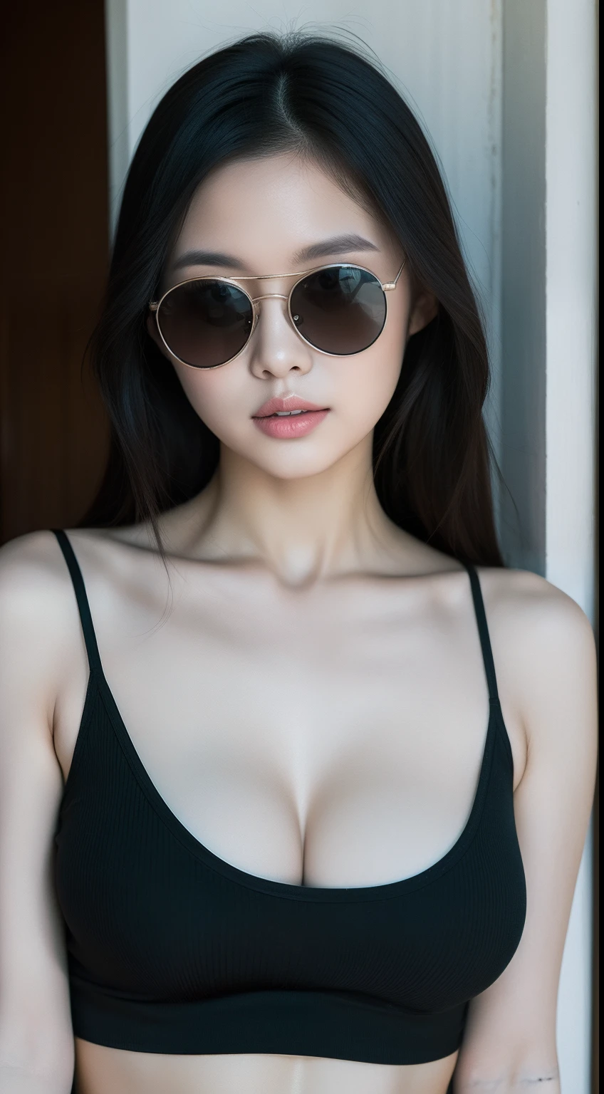 realistic photos of 1 cute Korean star, straight hair , white skin, thin makeup, 32 inch breasts size, wearing black camisole tank top, sunglasses, shorts, travel in Thailand summer, upper body portrait, Op art, UHD