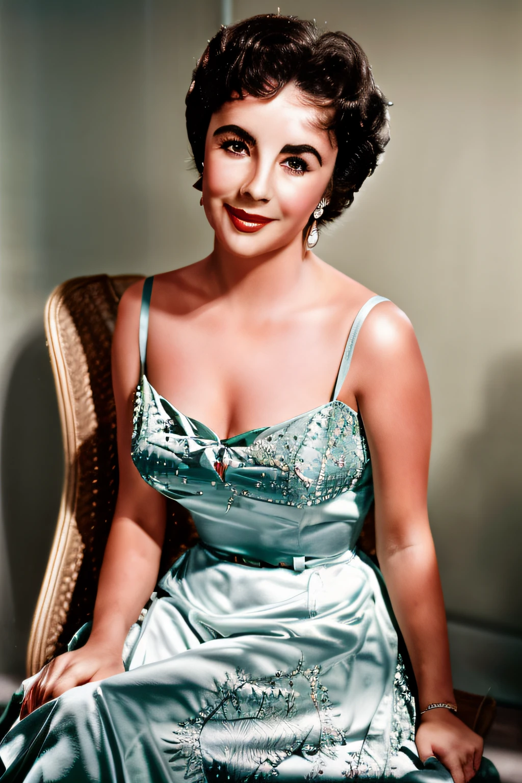 A realistic Elegant Full Portrait of young actress Elizabeth Taylor, Beautiful, ((Perfect Eyes and Pupils:1.1)), ((detailed face:1.1)), Smiling, (Realistic Detailed skin:1.1), perfect breasts, Perfect slim Body, ((wearing a 50s Swing dress)), Photorealistic, Modelshoot, Professional Photography, Soft Lighting,  ((sitting in a living room background)), RAW, analog style, ultra sharp focus, 8k, high resolution, DSLR, high quality, Fujifilm XT3, award winning,