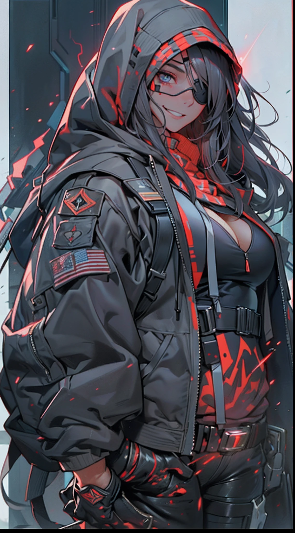 (1 beautiful woman)、(Very huge muscles:1.5)、(Unusually large muscles)、(Red cyberpunk hooded military uniform all over body:1.3)、(Red aura emanating from clothes:1.5)、(Military equipment:1.2)、(White hair)、(an eye patch:1.3)、(30-years old)、(confident grin:1.2)、(Dark hair)、(Top image quality)、(8K picture quality)、(masutepiece)、(Full body photo:1.3)、cinematric light, Cinema Shadow, Sharp Image, Extremely detailed,、beautiful effects, Muted colors, Highly detailed image textures, detailed hairs, Detailed face, Detailed eyes, Full body photo、Highly detailed image textures, detailed hairs, Detailed eyes、