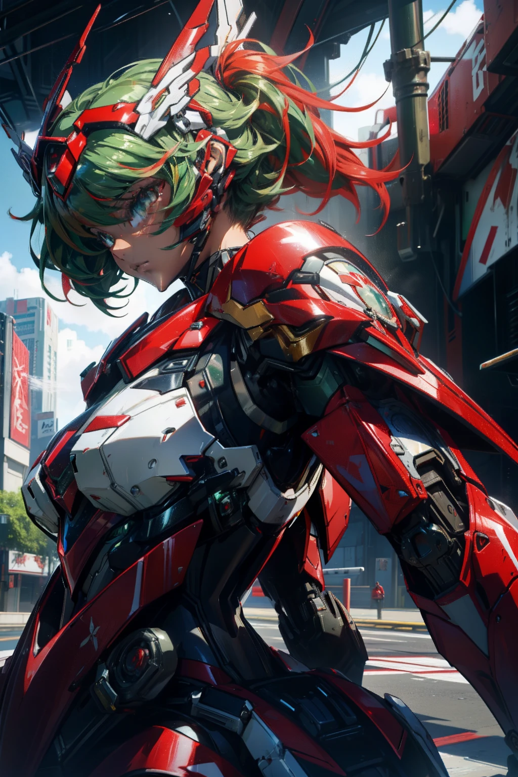 a close up of a woman in a red and white outfit holding a large robot, anime mecha aesthetic, girl in mecha cyber armor, streamlined red armor, armor girl, mecha asthetic, anime robotic mixed with organic, slick red armor, cyberpunk anime girl mech, detailed anime artwork, mechanized valkyrie girl, female mecha, green hair, back hair