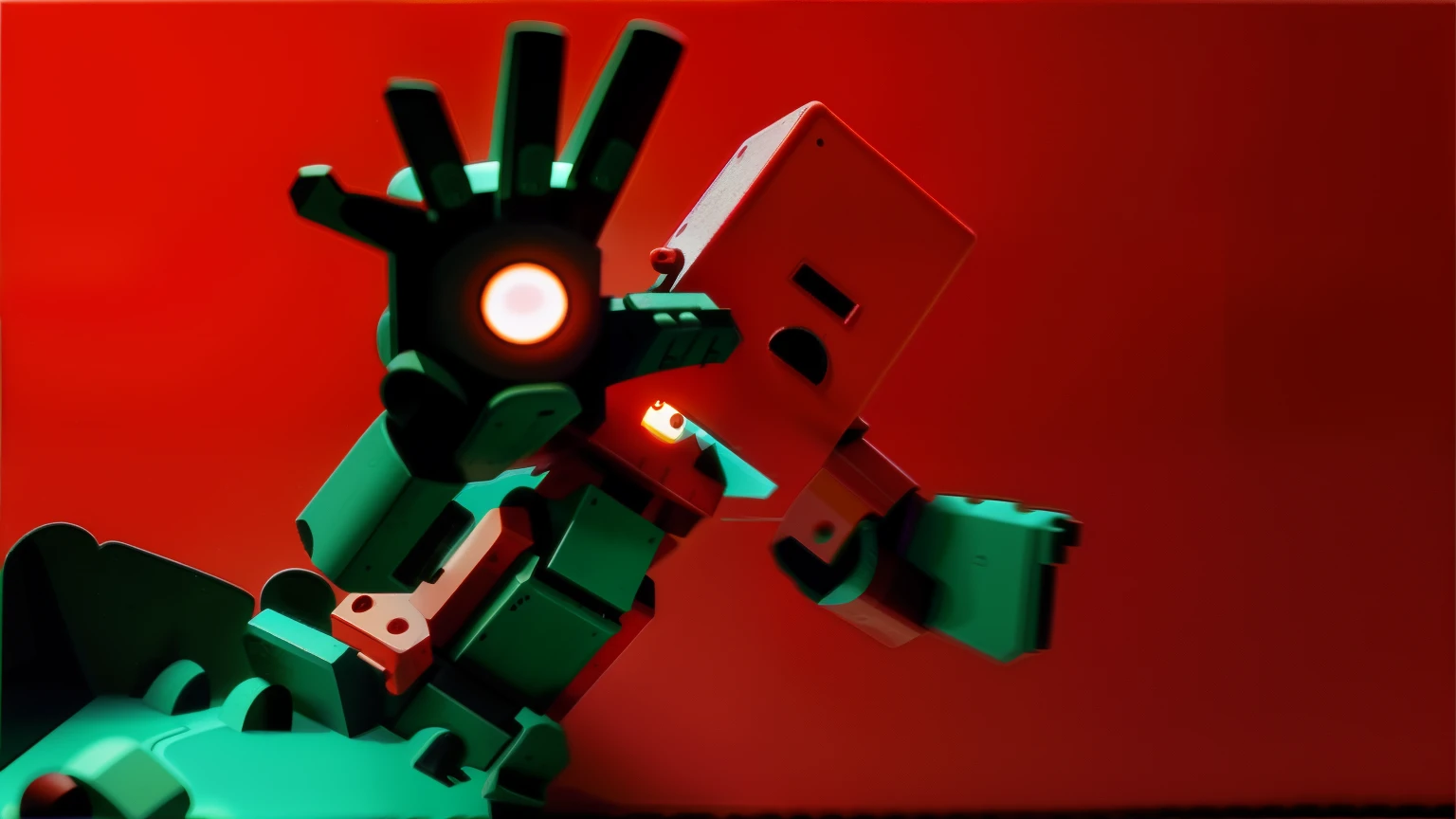 There is a red toy，There is a black hand on it, red and black robotic parts, toy photography, abstract claymation, stop motion character, robot photography, Low degrees of freedom, stop-motion, red mech arms and red mech legs, stop - motion, stop-motion, Red mech, toy photo, mini figure, cliffjumper, claymation style, stop-motion