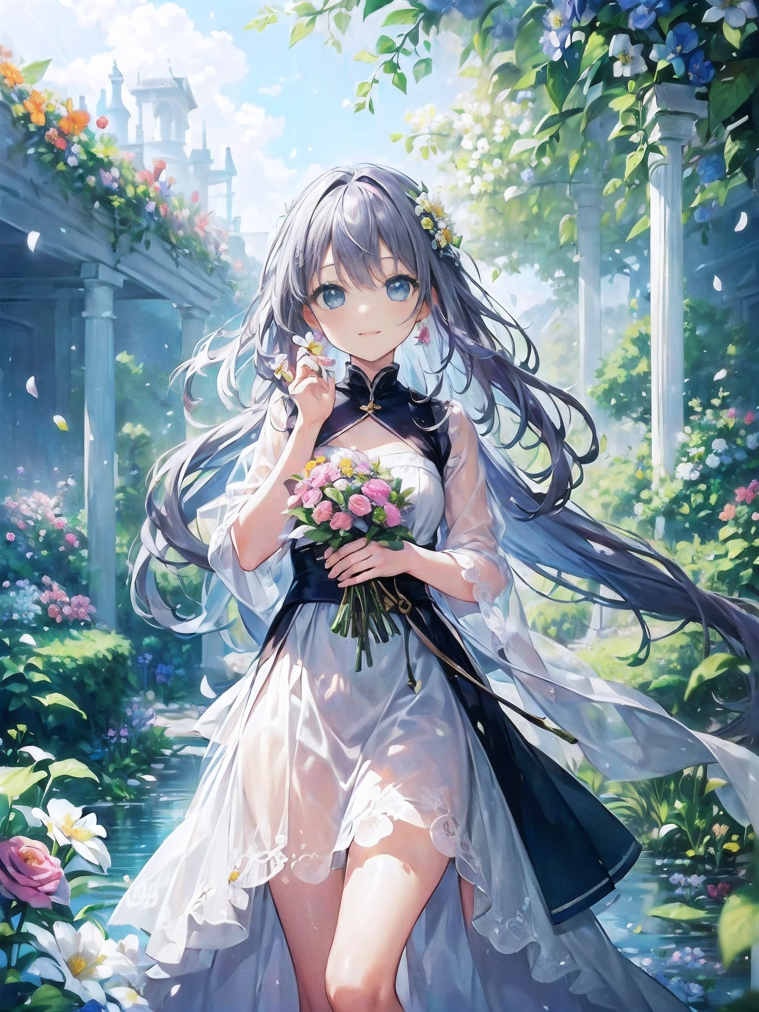 (((masterpiece)))、(((top-quality)))、((ultra-detailliert))、(illustratio)、((extremely delicate and beautiful))、、Bright smile、floating、Light purple hair、(Detailed light) (1girl in)、、独奏、The long-haired、The wind is blowing、A WORLD、(cute eye:1.5)、Wavy Hair, Smile, (Spread throughout the garden:1.6), (flower effect:1.2), (flowers background:1.2), (Background full of flowers:1.4), (Glamorous background:1.1),