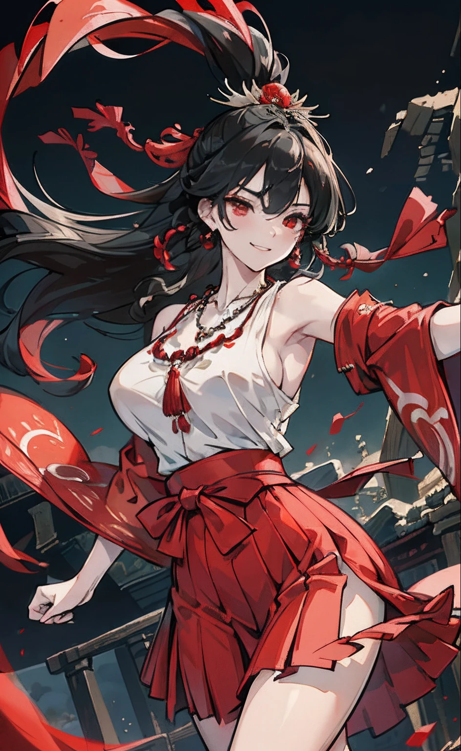 Sexy teenager，Colossal tits，Hair Accessories and Necklaces，8K分辨率，top-quality，hyper HD，extreme hight detail，ancient environment，the night，Top Design，Red Hakama，Dynamic lens，Texture，Ancient wind,A smile,dance