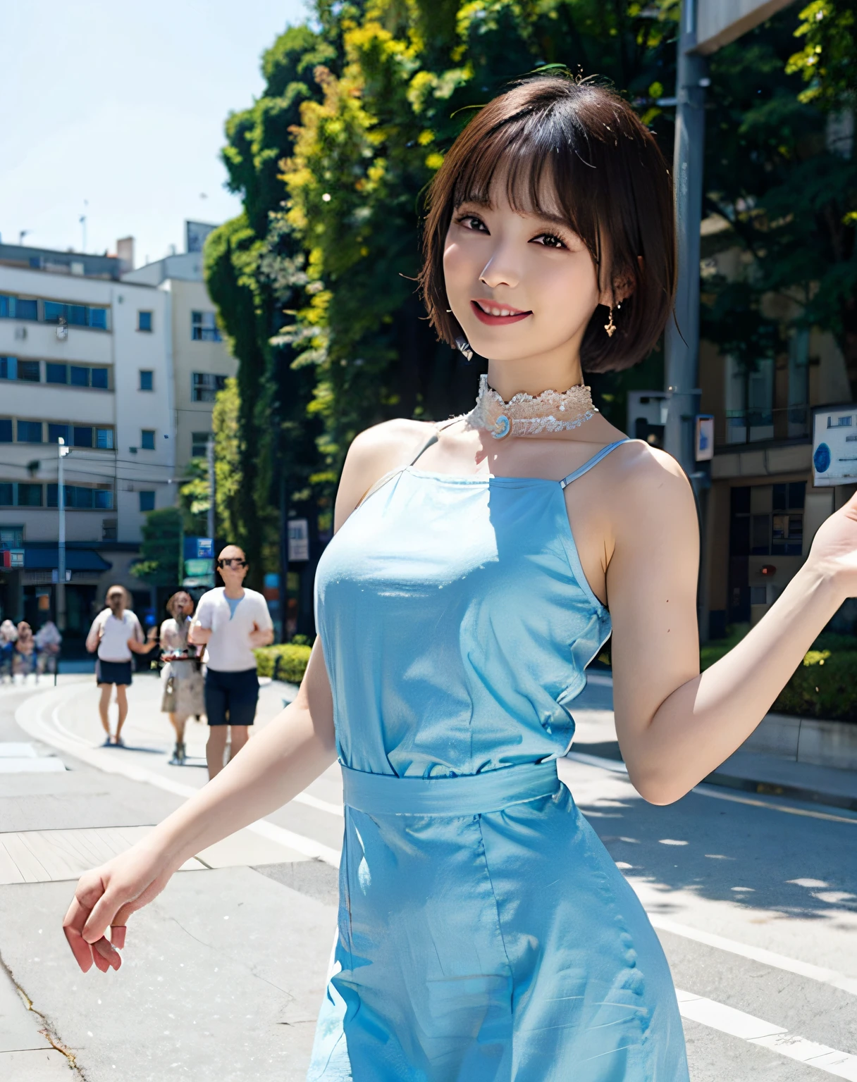 a woman posing on the street corner with light blue dress on, best quality, 1girl, large breasts, day, bright, blur background, bokeh, outdoor, (street:0.8), (people, crowds:1), (lace-trimmed dress:1.5, sleeveless dress, light blue clothes, light blue high-neck dress:1.2, blue dress: 1.5), gorgeous, (short hair, forehead:1.2), beautiful detailed sky, earrings, (dynamic pose:1.2), (upper body:0.8), soft lighting, wind, shiny skin, smile,