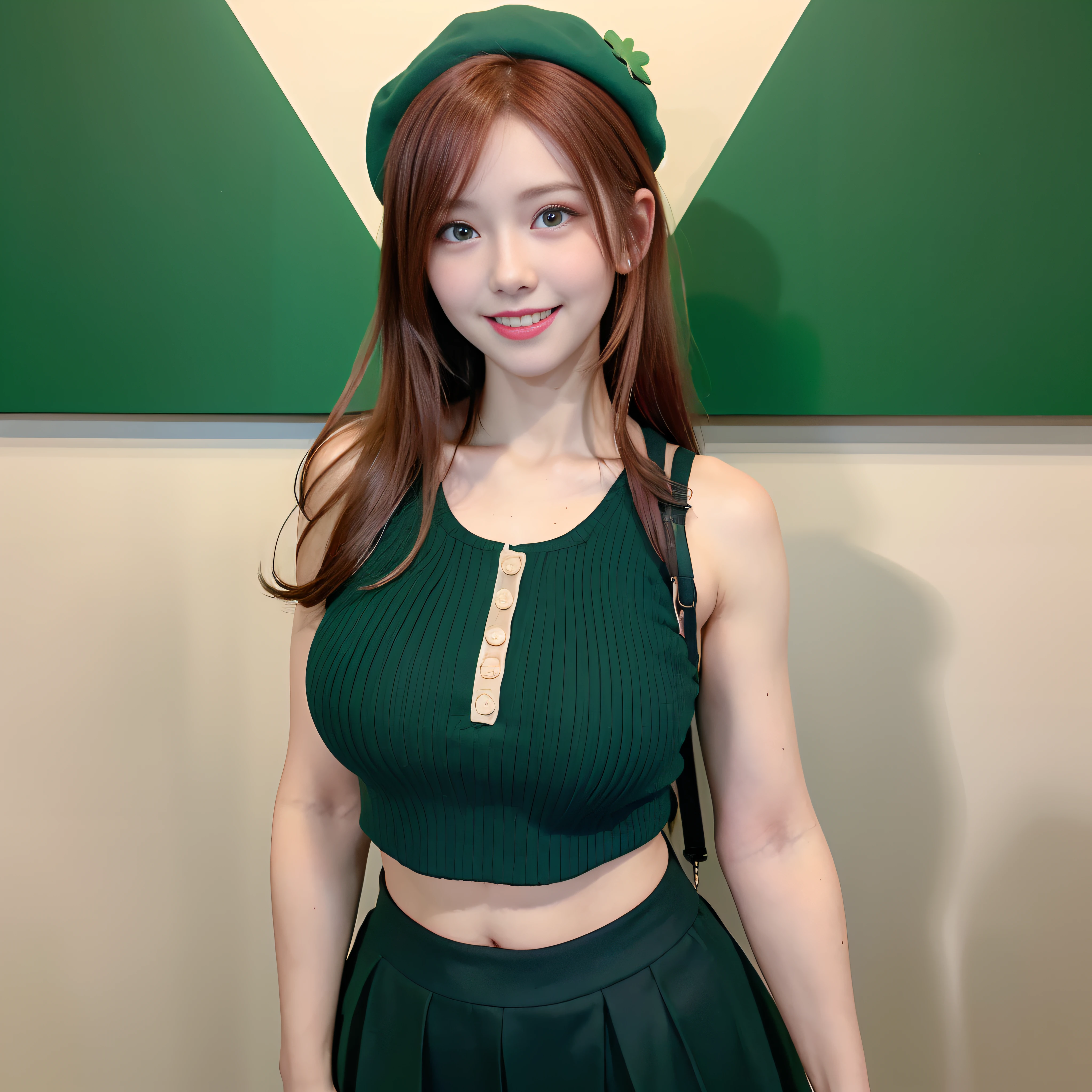 Masterpiece,best quality,st Patrick's day,green clover town,1 ginger girl,big tits,(green Patrick's day fashion),smile,pale skin,freckles,red hair,green suspender skirt,blouse,beret ,