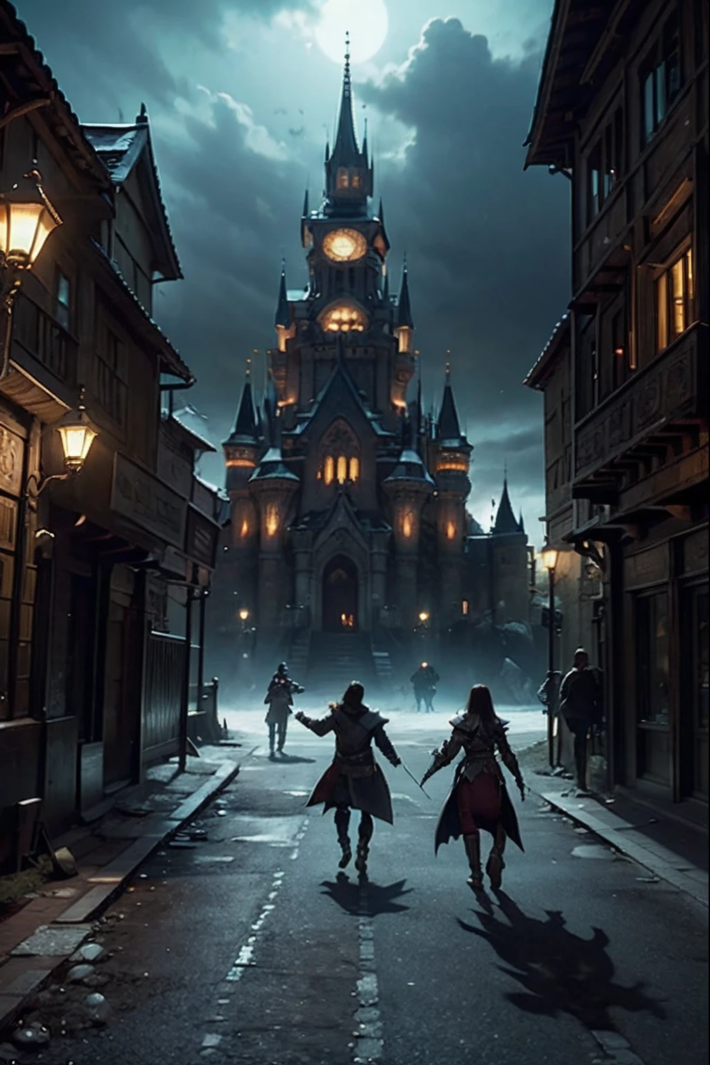 Composez une description vivante du monde sombre et gothique de 'Castlevania: Lords of the Shadows.Explore the treacherous landscapes, Obsessive castles, and the epic battle between the Brotherhood of Light and the Dark Ones. Highlight the journey of protagonist Gabriel Belmont as he embarks on a quest to defeat evil and save the world from the grip of supernatural creatures. Plongez dans la riche narration du jeu, Action intense, and complex traditions that captivate players in this action-adventure masterpiece."Crisp details super super detailed hyper realistic very sharp details