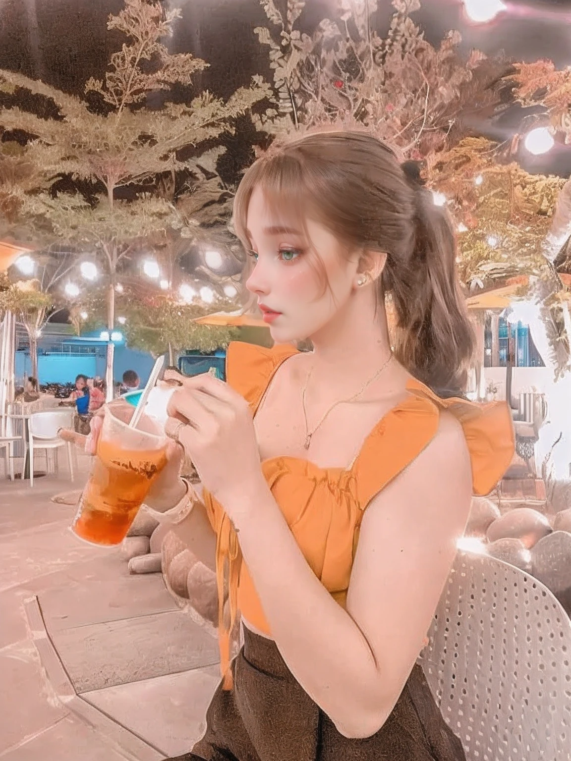 girl looking at cup of water in her hand, red hair, Realistic anime, Colorful Anime、the color of the dress or the color of the clothes is as advertised in professional magazines, Hair style metallic red or green nuggets, iridescent eyebrows, beautiful glitter, attractive curves, dimpled cheeks, genuine, dimpled cheeks, bright red lips, bright scene, background bokeh, candy green tree lines, white human skin, bright, realistic face, like a professional portrait, DSLR, niji style,portrait, simple background,realistic, bare_shoulder, cleavage,