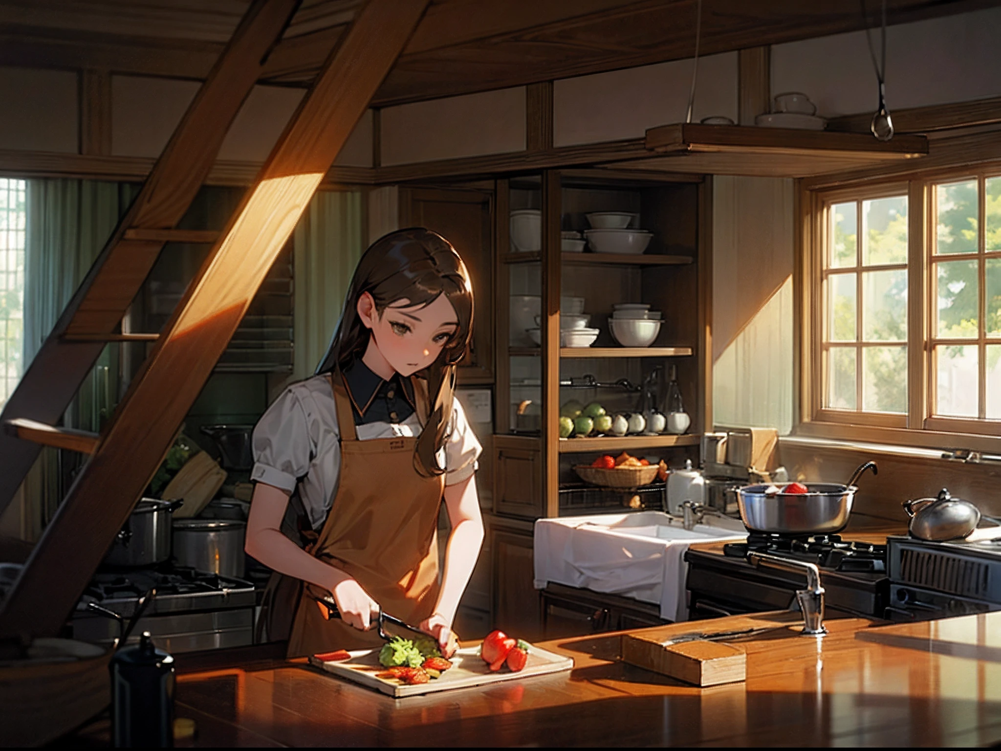 ((Masterpiece, Best quality)), 1 woman, long whitr hair,horse tailed,eye closeds,Cut vegetables,8K, Masterpiece,Detailed background, illusory engine, Global illumination, (((Brown apron))), Sunny weather, Soft light shines through the windows, kitchens