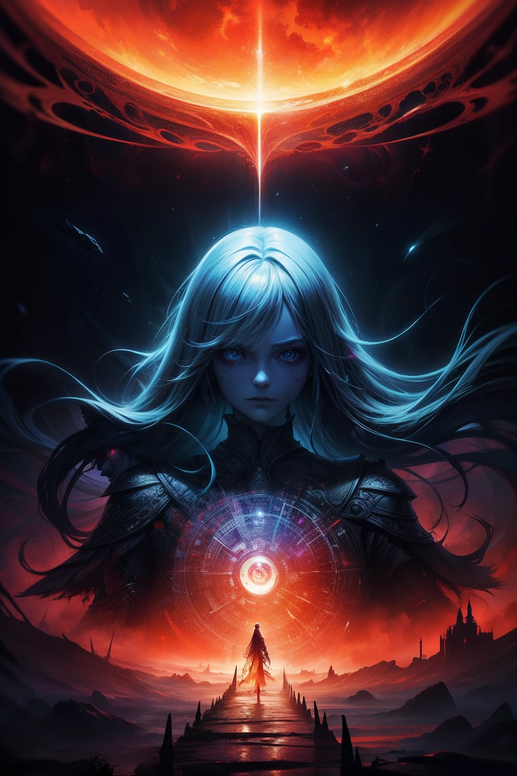 Psychedelic, Horror, Bloody, Scary, Spooky, Fantasy space, Multiple planets, Fantasy galaxies, 1girl in, full bodyesbian, Portrait, Beautiful, Rainbow light, magical, High quality, Neat face、pretty nose,Good mouth,Sea of clouds、the morning sun、Red and yellow、Splash Art、Lightning,[(Artistically：Android Jones:1.2)]、ultra - detailed、aestheticly pleasing、tmasterpiece、top-quality、The is very detailed、The most beautiful forms of chaos、ellegance、vivd colour、baroque、complex pattern、dynamic ungle