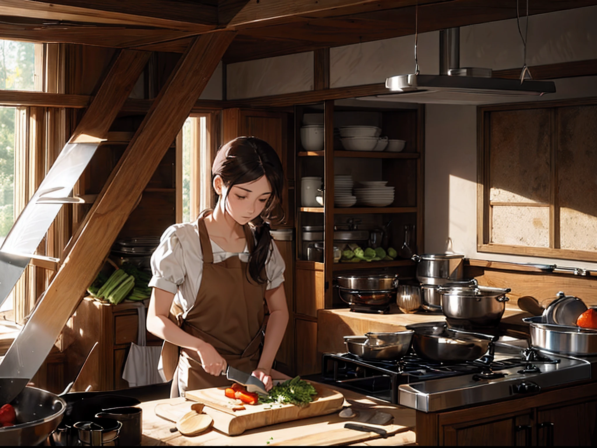 ((Masterpiece, Best quality)), 1 woman, long whitr hair,Tie a ponytail，eye closeds，With his head bowed，Chopping vegetables with a kitchen knife in hand,8K, Masterpiece,Detailed background, illusory engine, Global illumination,  (((Brown apron))), Sunny weather, Soft light shines through the windows, kitchens，（Studio Ghibli Style）