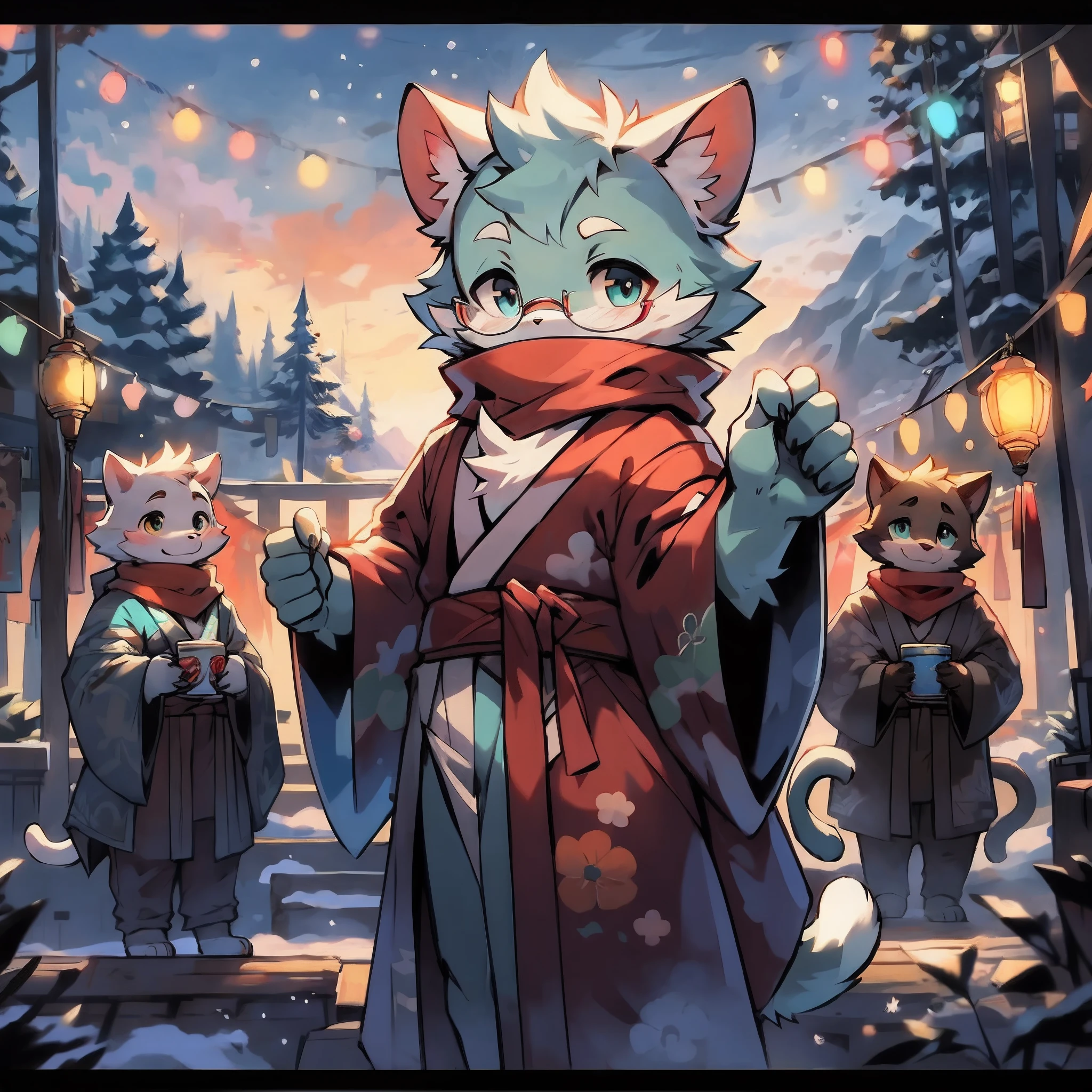 a fully grown and mature and aged adult cat with big circle glasses and a red scarf, the cat is very tall. a handsome cat fursona with teal fur color, the chest has white fur, white fur around mouth and cheeks, white hair, fluffy black cat ears, fluffy white neck, he is standing tall in a snowy place, looking up to the snowy sky with a bright smile. snowy landscape. bushy tail, and perked-up fluffy big ears, one ear is lowered. He wears a fluffy warm and cozy kimono, he is holding a warm cup of cacao in one hand and snacks in his other hand. he is walking through an alley full of vendors during a fireworks festival. His eyes are bright with wonder as he surveys the snowy woods outside the cabin, a lot of snowflakes fall down from the sky. The fully grown and mature and tall adult cat has a relaxed expression, ready to explore the outside world. the cat is tall. big trees covered by snow in the background, there are colorful fireworks in the snowy sky, there are steep and tall mountains in the background covered in snow, there are wooden houses in the background, It is sunset time and the perspective of view is zoomed out, with extremely detailed background