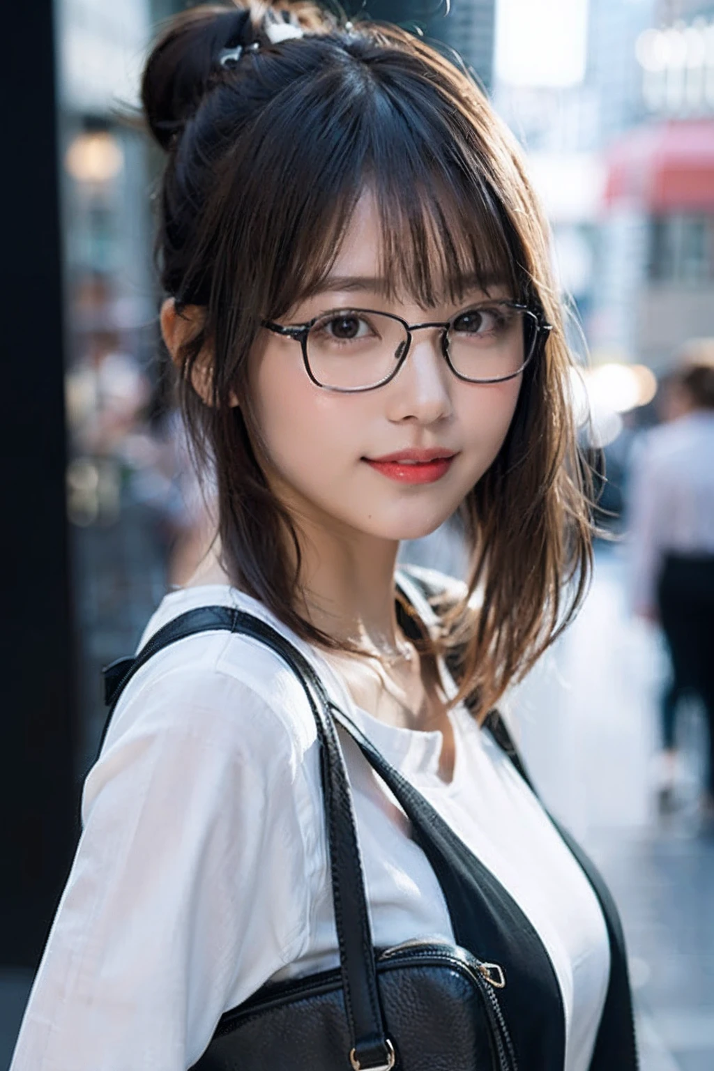 (8K、Raw photography、top-quality、masterpiece:1.2)、(realisitic、Photorealsitic:1.37)、ultra-detailliert、超A high resolution、1人、see the beholder、beautifull detailed face、A smile、Constriction、(Slim waist) :1.3)、((White blouse clothes))、Beautiful detailed skin、Skin Texture、Floating hair、((Hair bunched into one))、Professional Lighting、In front of the station at noon、((Black square glasses))、Whole human body、Brown hair、Morning return