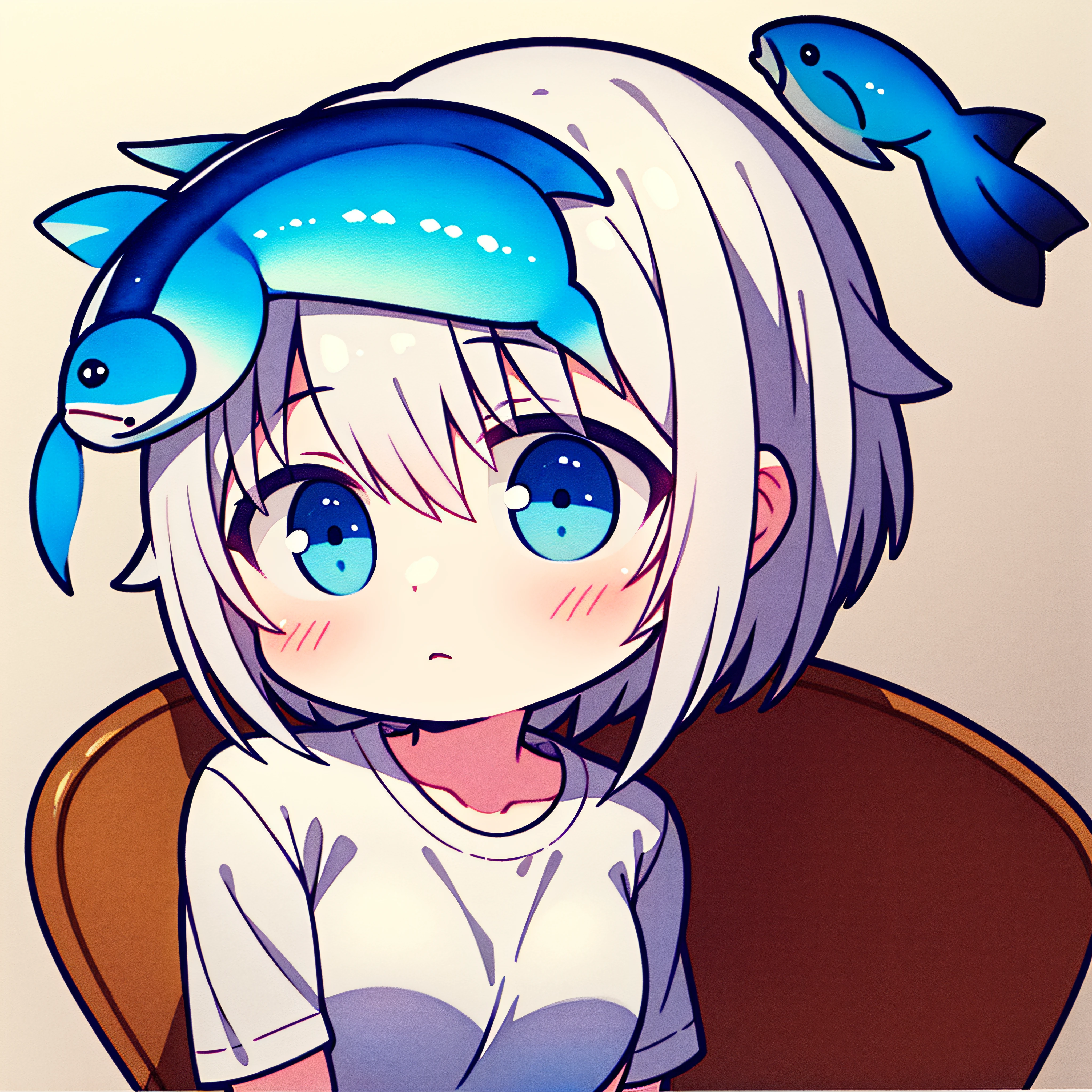 fish on the head, solo, 1 girl, looking at viewer, upright, concept art, white background, simple background, white hair, gradient hair, short sleeves, watercolor pencil, expressionless, blush, virtual youtuber