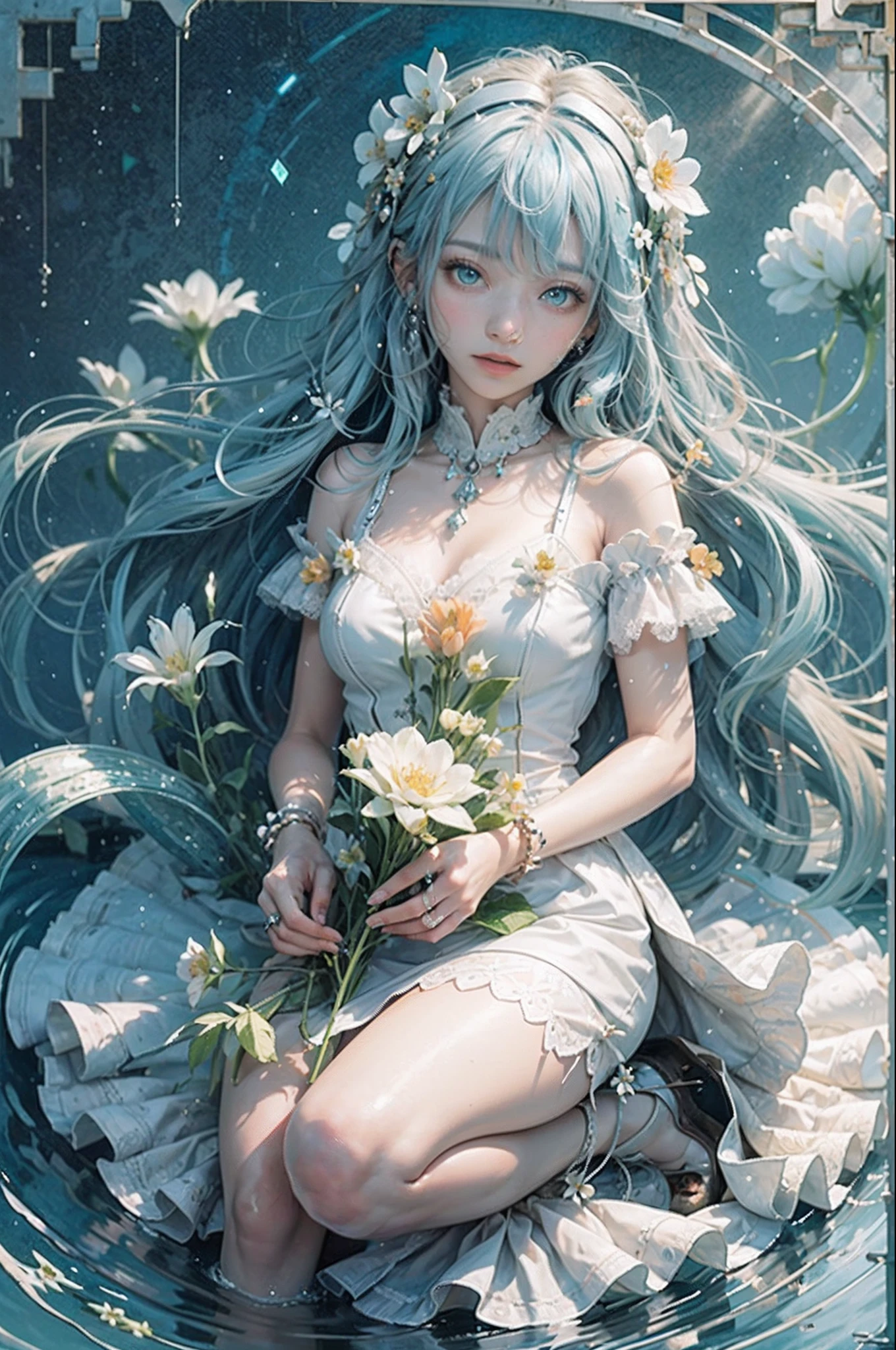 (extremely detailed CG unity 8k wallpaper, masterpiece, best quality, ultra-detailed),(best illumination, best shadow, an extremely delicate and beautiful), floating, high saturation, professional photoshoot, god rays, reflection, little fairy, (1girl), ((light blue long hair):(light blue hair:1.3)|(black hair:0.8)),orange bright eyes, wear ((white dress with flower accessory)), have fairy wings, wear flower theme accessory, in middle variations of flower fields, calm vibe, meditate, full body shot, symmetrical --auto --s2