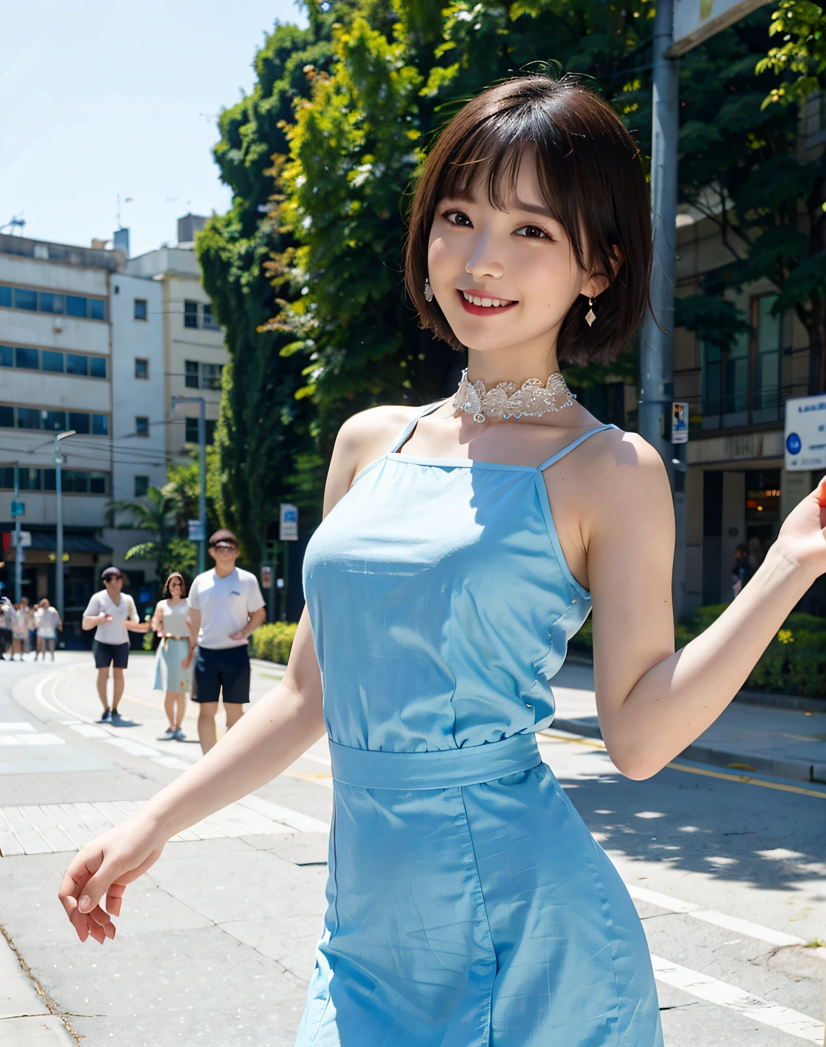 a woman posing on the street corner with light blue dress on, best quality, 1girl, large breasts, day, bright, blur background, bokeh, outdoor, (street:0.8), (people, crowds:1), (lace-trimmed dress:1.5, sleeveless dress, light blue clothes, light blue high-neck dress:1.2, blue dress: 1.5), gorgeous, (short hair, forehead:1.2), beautiful detailed sky, earrings, (dynamic pose:1.2), (upper body:0.8), soft lighting, wind, shiny skin, smile,