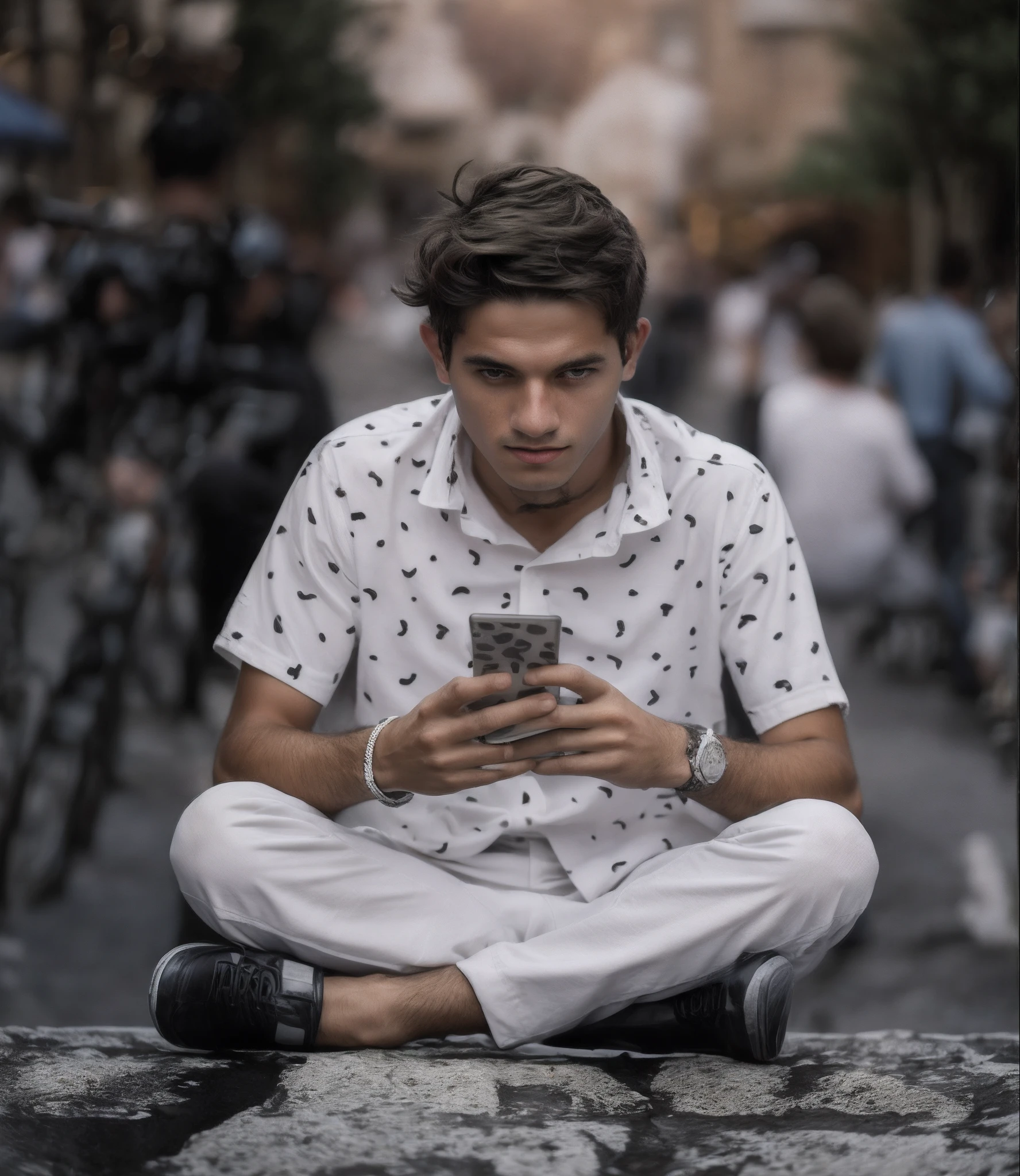 Young man sitting in the square looking at his cell phone, Potrait, fotografia casual, foto retrato, Fotografia, Estilo de Ade Santora, Directed by: Abidin Dino, Adolescente, olhando para o telefone dele, foto de retrato, Portraiit, fotografia de alta qualidade, Fotografia Profissional, foto estilizada, random artist, foto atraente, foto focada
