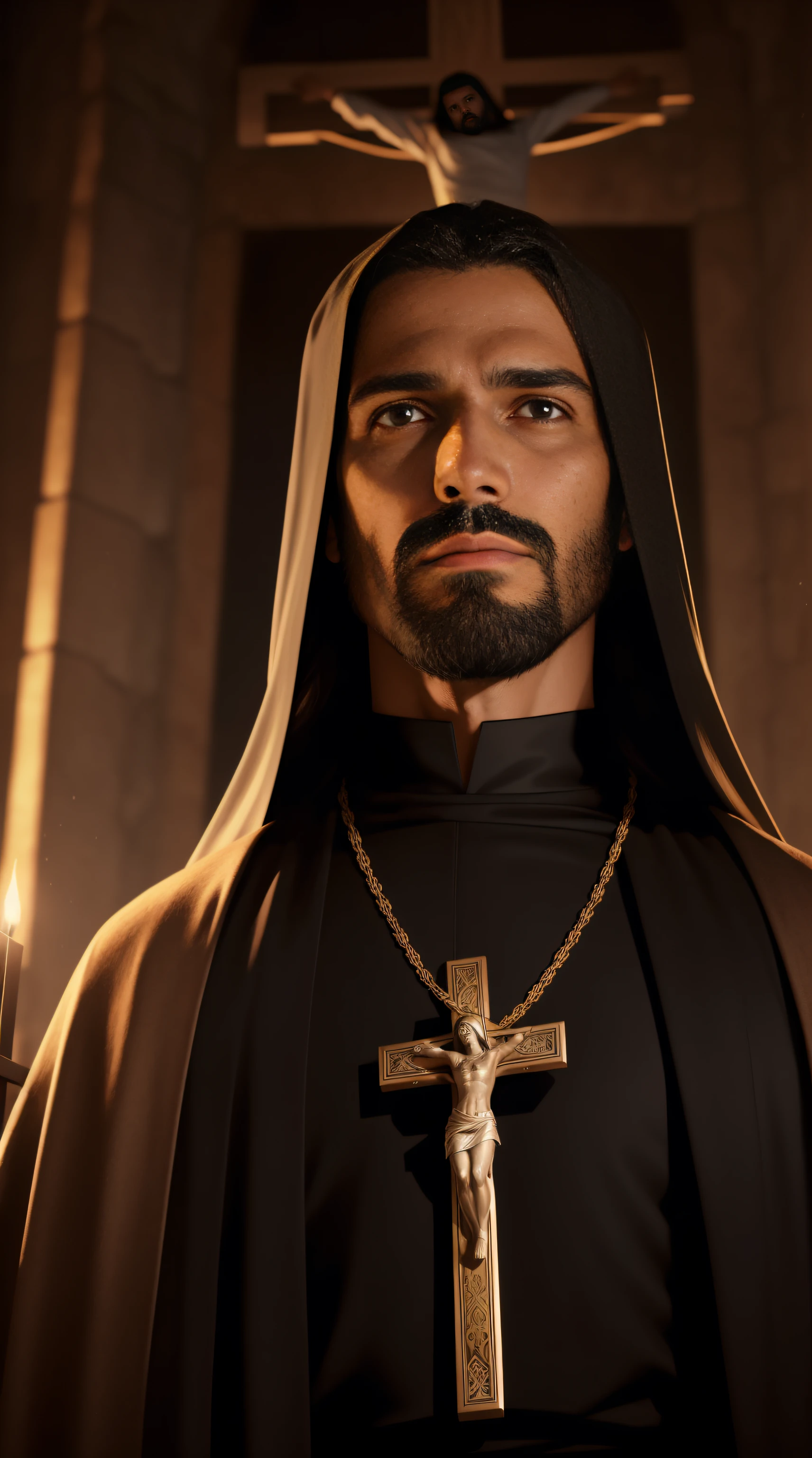 Close-up of a man holding a cross and a rosary, Jesus Christ, Portrait of Jesus Christ, dressed like jesus christ, 《Mass effect》in Jesus Christ, king of kings, Jesus of Nazareth, Jesus Christ blunt instrument, Cyberpunk Jesus Christ, Jesus wasted at the meeting, jesus face, author：Roman Bezpalkiv, the lord and savior, Jesus - aout